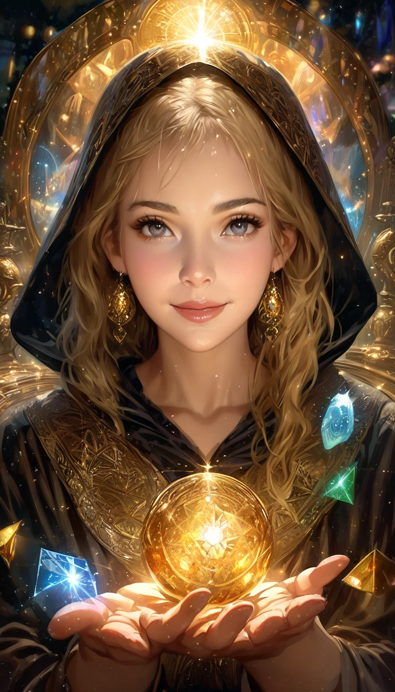   Impressionist paintings  , Realistic,   gold earrings、  smile, Fortune Teller  ,   tarot cards and crystals  ,   browse viewers, Mysterious,   magic  , Shine, Shineing, dark   magic   lighting, Sulky,   Movie-like  , Shine, Sparkling,   Darkness, Look at the viewers、Correctly depict a beautiful young hooded blonde girl with a palm ，((Five fingers on a hand))