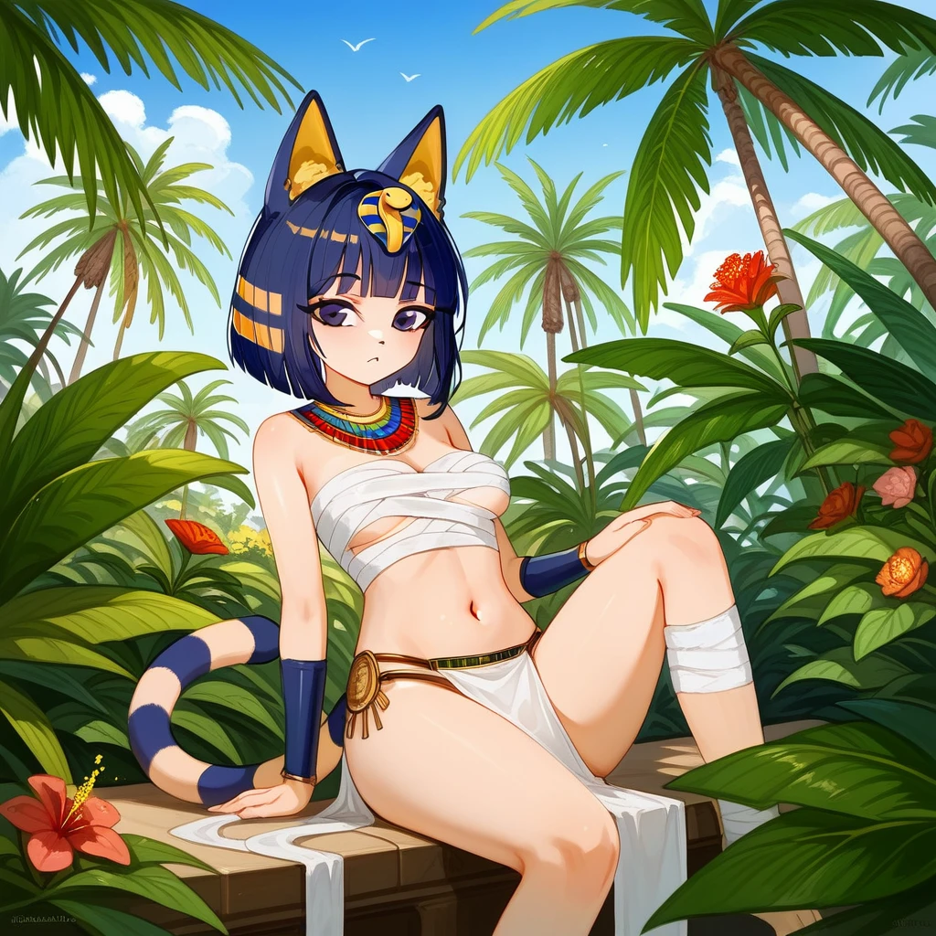 (masterpiece, best quality:1.15), (ankha:1.05), 1girl, solo, (yellow skin:1.05), furry, bandages, medium breasts, tail, looking ahead, sitting, from side, outdoors, hill, slope, grass, horizon