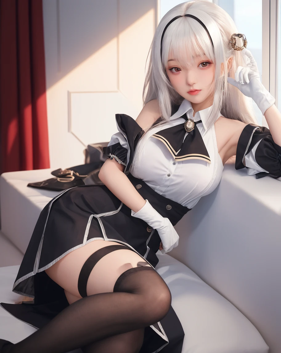 Uniform, fleet collection style uniform, silver uniform, big, slender body, hair style medium, 22 years old, fishnet stockings, --auto --s2
