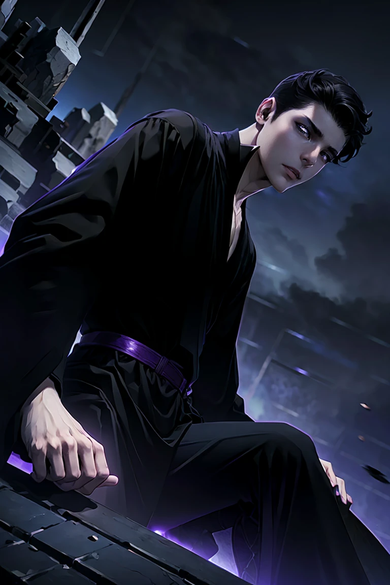 a dark-haired, dark-eyed warlock with pale skin, purple veins across his body, wearing a black robe with purple details, black fingertips, looking sideways with anger, dramatic lighting, cinematic angle, dark moody fantasy, highly detailed, intricate, complex, masterpiece, photorealistic, 8k, HDR