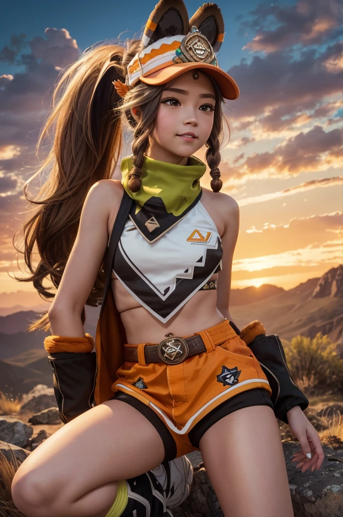 A young girl in realistic portrait of high quality and detail, Kachina (Genshin Impact), She is wearing an orange and white cap, dark brown with a dark green bandana around her neck and brown short shorts. On the bottom of her belt is an orange jacket, orange gloves for a miner with fur, as well as her high wear-resistant boots with wings on the sides. Of the additional ones, these are yellow-and-white knee socks and a patch on the left leg. Her hairstyle consists of two pigtails on the sides of her head and a large high ponytail. In addition to the cap and tail, her head is complemented by high animal ears. Tattoos on the rivers and leg that glow during the night spirit, and a small brown and white ponytail. happy smiling face, evening, red sky, pink clouds, looking at viewer, (ultra-high detail:1.2), Masterpiece, Best Quality, Ultra-detailed, Cinematic lighting, 8K, delicate features, cinematic, 35 mm lens, f/1.9, highlight lighting, global lighting –uplight –v 4, cinematic, Cinematic lighting, 8K, high quality, Highest Quality, (Solo Focus), (extremly intricate:1.3), (Realistic), masterful, Analog style, (Film grain:1.5), (warm hue, cold tone)