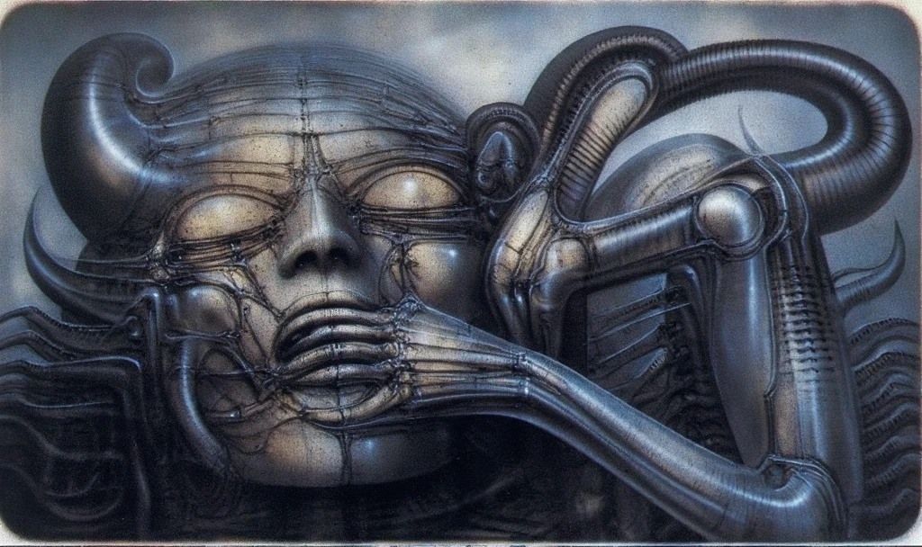 H. R. Giger's g1g3r, , Giger_style, H. R. Giger's g1g3r, , Giger_style, The image is a detailed view of H.R. Giger's \" Aleph \" plate, featuring  skeletal alien creature heavily fossilized with smaller tentacld creature on his shoulder pointing forward with it's long limb (best quality:1.4), anatomically correct limbs, (Triadic:1.1), (Proportion:1.1),  , (Reflected light:1.2), Parchment, ultra detailed, intricate,, dry b (best quality:1.4), H.R. GIGER,  BY GIGER