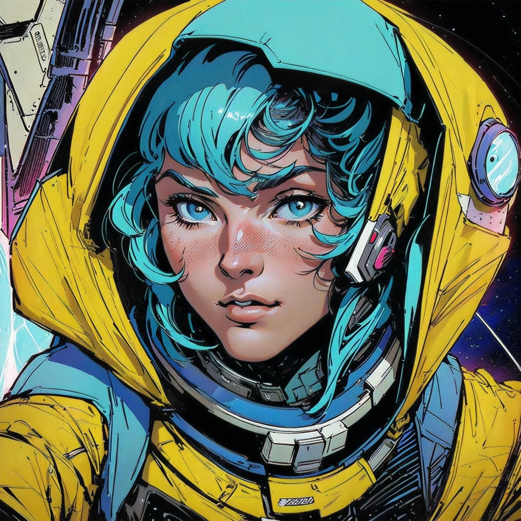 ((( Best Quality Masterpiece ))),(Lonely Goddess),(spacesuit that emphasizes cleavage ),((( 70s and 80s space thriller movie posters))),( American Comics ),((( retro vintage style ))),Overwhelmingly complex depiction,Absolute machine group background, futuristic cyberpunk ,Extremely accurate and delicate depiction,