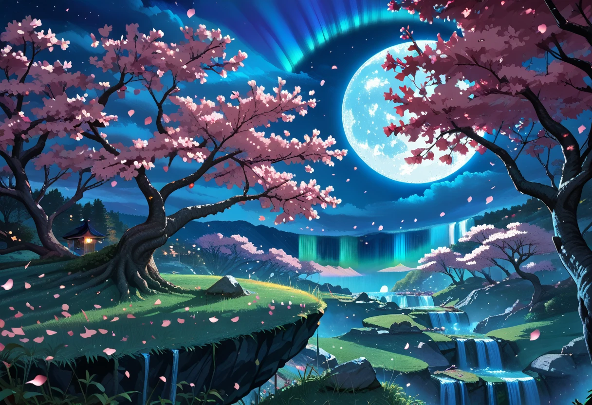 score_9, score_8_up, score_7_up, (Scenic Background, Cherry Blossom Trees in bloom with petals falling, under the night sky, full moon and aurora: 1.3), extremely detailed, ray tracing, RTX, high saturation, high contrast, photon mapping, (sharp image), (best quality), (detailed background), (intricate details), (Dynamic Pose: 1.3), (lowkeylights_v2)
