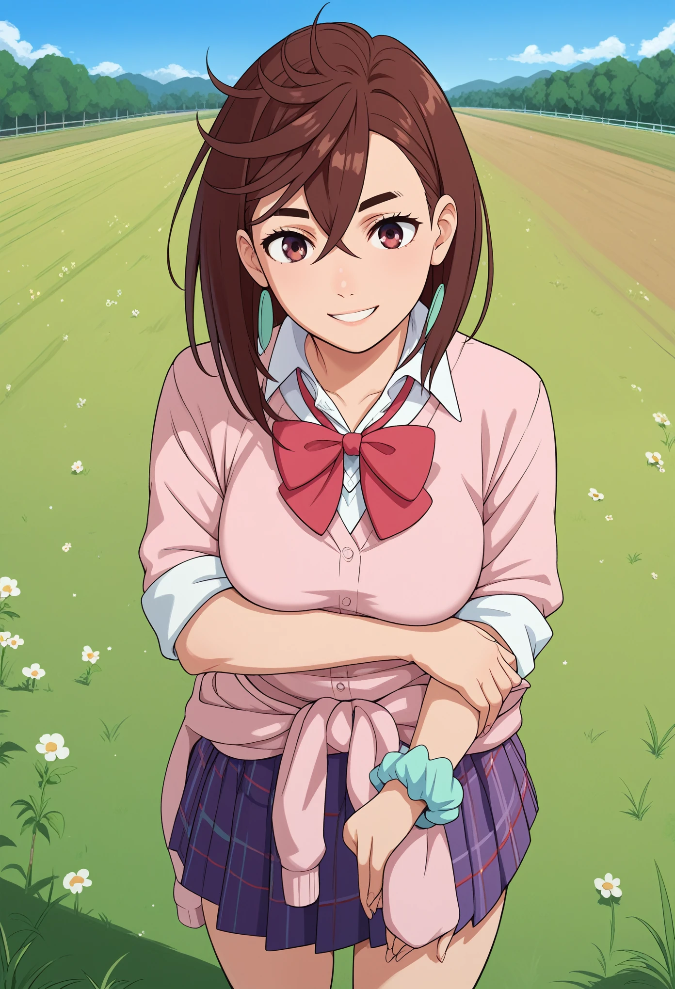 momo ayase, short hair, brown hair, brown eyes, bangs, thick eyebrows, medium breasts, school uniform, striped, bowtie, collared shirt, white shirt, sleeves rolled up, wrist scrunchie,, clothes around waist, plaid skirt, purple skirt, wariza, field, smile, grass, outdoors