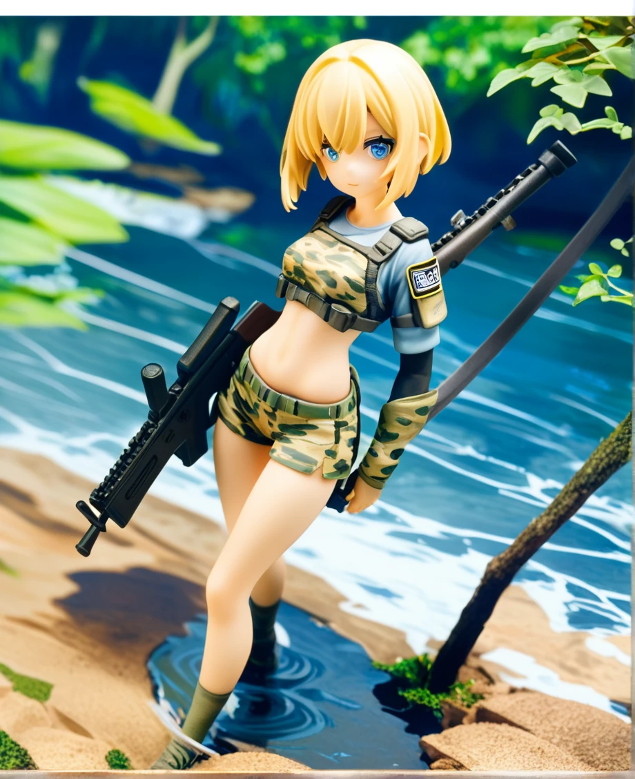 Vesna, blond, blue eyes, ponytail hair,sexy,Bikini, green knee pads, loose green gaiters, gloves, brown shoes, tactical gear,