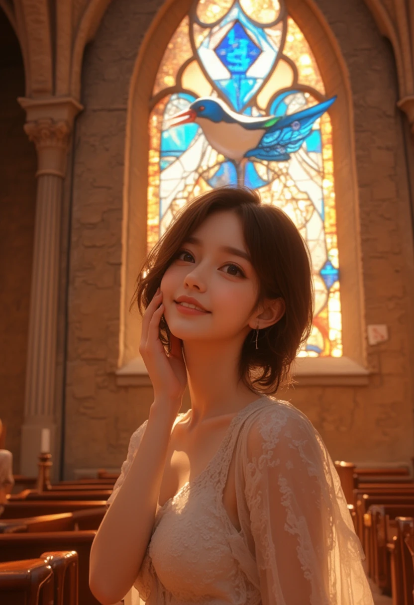 A minimalist cartoon illustration of a young Asian woman , her right hand is on her cheek, standing in front of the camera, she is joyfully smiling, in a old church. The sunlight from the window casts her face. In Background: A beautiful stained glass in the shape of a bluebird shines there."
 