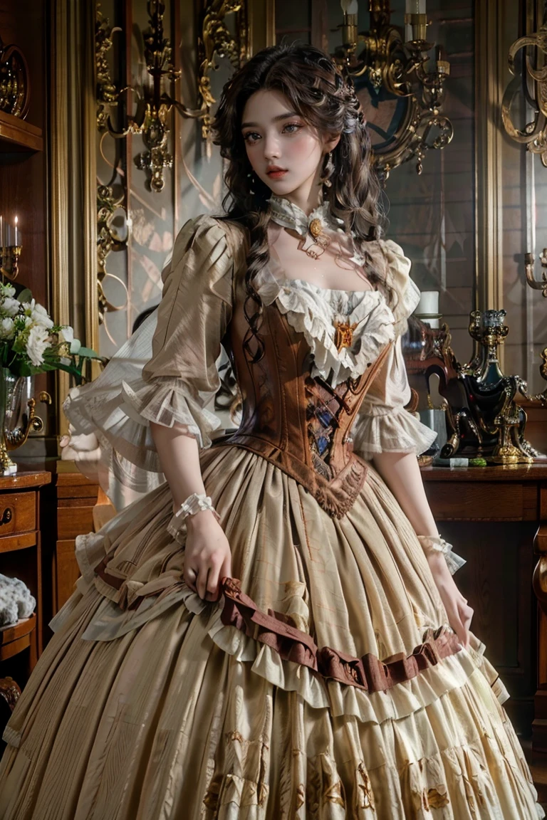 a woman with long wavy brown hair, almond-shaped light brown eyes, serious expression, victorian era dress, photorealistic, (best quality,8k,ultra-detailed,realistic,photo-realistic:1.37),intricate details,dramatic lighting,warm color tones,masterpiece, wine dress, dark red dress
