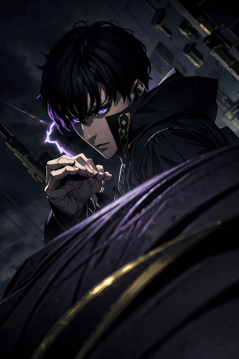 a dark-haired, dark-eyed warlock with pale skin, purple veins across his body, wearing a black robe with purple details, black fingertips, looking sideways with anger, dramatic lighting, cinematic angle, dark moody fantasy, highly detailed, intricate, complex, masterpiece, photorealistic, 8k, HDR