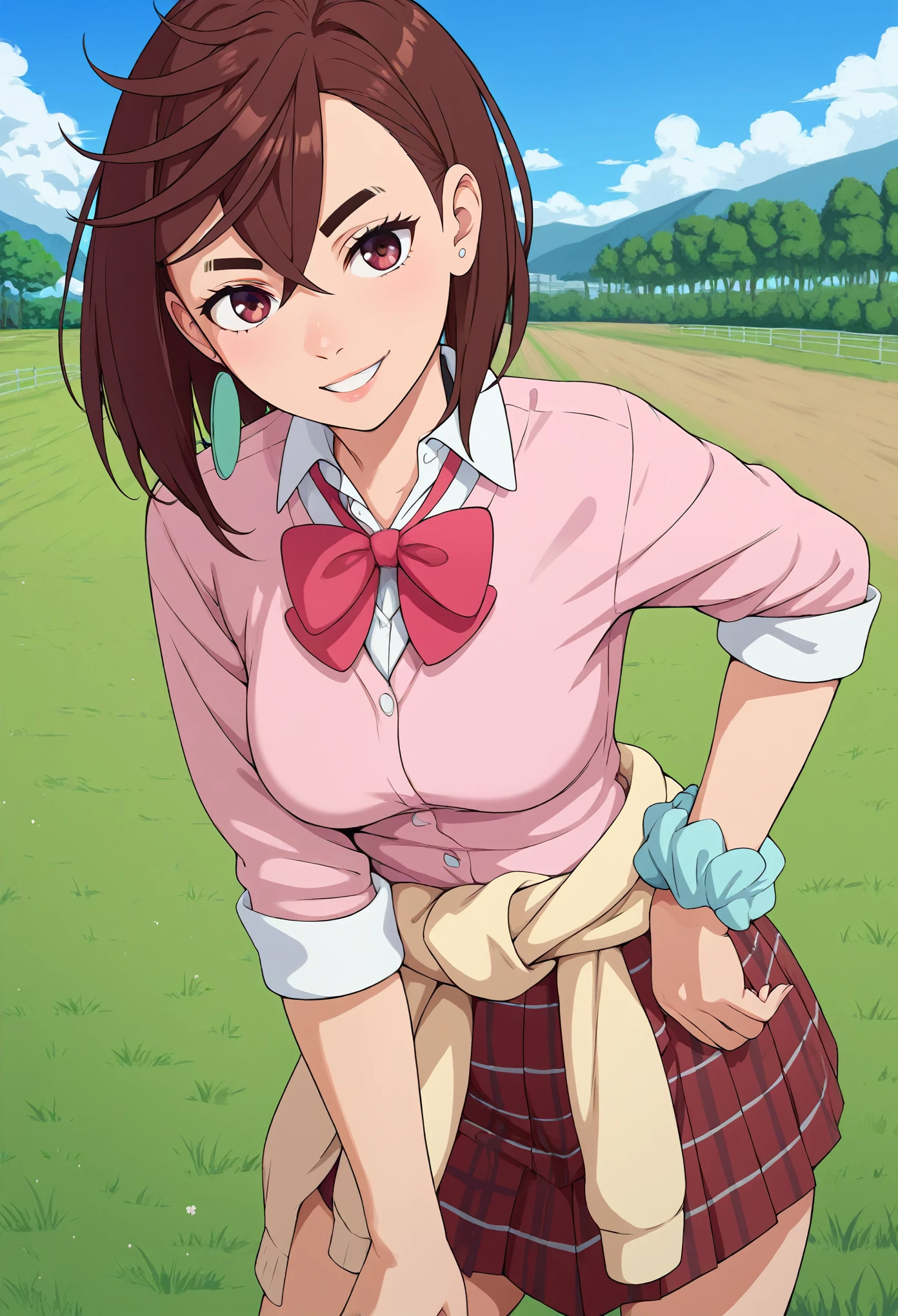 momo ayase, short hair, brown hair, brown eyes, bangs, thick eyebrows, medium breasts, school uniform, striped, bowtie, collared shirt, white shirt, sleeves rolled up, wrist scrunchie,, clothes around waist, plaid skirt, purple skirt, wariza, field, smile, grass, outdoors, WHITE BLOUSE TOP, TIGHT AND HOT TOP WEAR