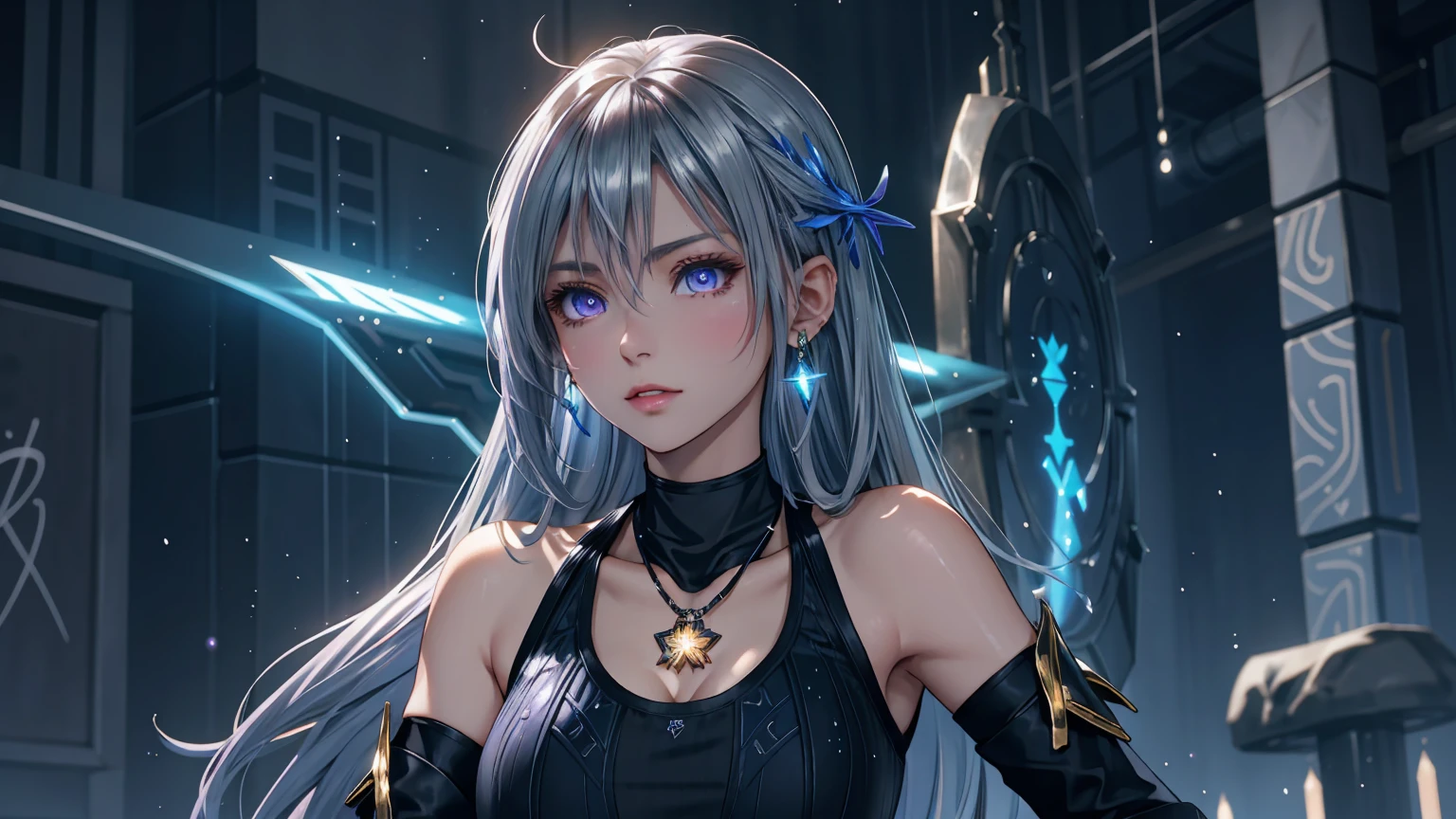 A solo girl in an urban fantasy anime-style portrait with a vibrant pop aesthetic. Violet eyes with a mesmerizing glow, long silver hair with blue highlights, a delicate and charming face, full lips, white skin with detailed texture, and a soft, natural radiance. A bomber jacket with glowing blue accents, intricate gold patterns, and ancient runes, paired with a rainbow-patterned bodysuit and metallic silver thigh-high boots. Fingerless gloves, metallic nails, gemstone details, a belt adorned with a mystical potion and an amulet, a glowing rune necklace, a crystal pendant, silver earrings, and a matching silver necklace.A perfectly proportioned figure with a slim waist, graceful curves, and delicate yet strong hands. A vibrant urban backdrop with bold graffiti art in sharp lines and intense colors, illuminated by dynamic lighting, modern setting. Ultra-high-definition artistry in UHD 4K and 8K resolution, featuring extreme detail, textured skin. A seamless blend of realism and fantasy, with vivid colors, striking patterns, and a confident. Dark fantasy elements fused with ethereal, Genshin Impact-inspired design, creating an immersive and breathtaking visual experience that celebrates beauty and individuality.