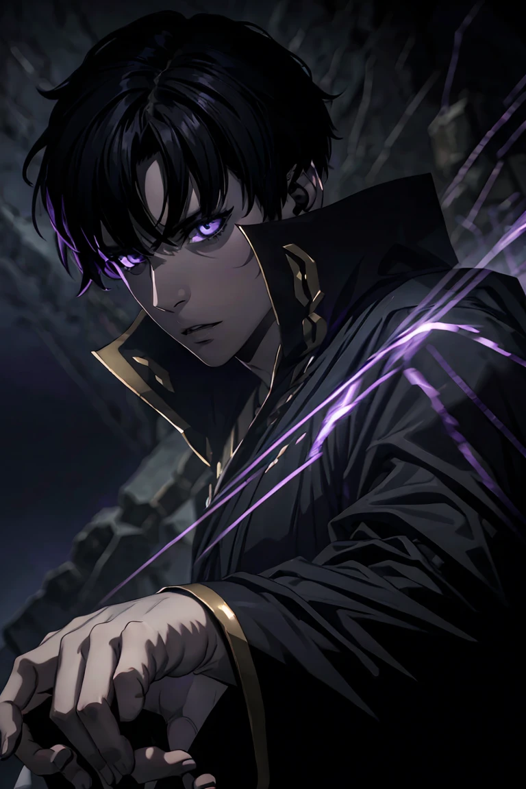 a dark-haired, dark-eyed warlock with pale skin, purple veins across his body, wearing a black robe with purple details, black fingertips, looking sideways with anger, dramatic lighting, cinematic angle, dark moody fantasy, highly detailed, intricate, complex, masterpiece, photorealistic, 8k, HDR, purple rays
