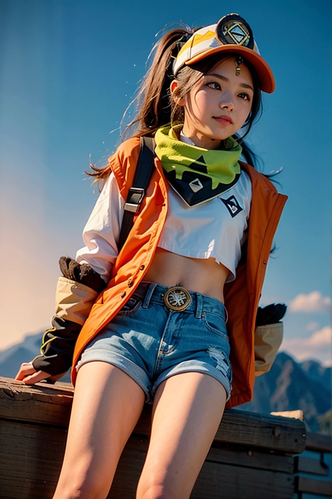 A young girl in realistic portrait of high quality and detail, , Kachina (Genshin Impact), She is wearing an orange and white cap, dark brown with a dark green bandana around her neck and brown short shorts. On the bottom of her belt is an orange jacket, orange gloves for a miner with fur, as well as her high wear-resistant boots. Of the additional ones, these are yellow-and-white knee socks and a patch on the left leg. Her hairstyle consists of two pigtails on the sides of her head and a large high ponytail. In addition to the cap and tail, her head is complemented by high animal ears. no human ears. Tattoos on the rivers and leg that glow during the night spirit, and a small brown and white ponytail. happy smiling face, evening, red sky, pink clouds, looking at viewer, canyons on the background, (ultra-high detail:1.2), Masterpiece, Best Quality, Ultra-detailed, Cinematic lighting, 8K, delicate features, cinematic, 35 mm lens, f/1.9, highlight lighting, global lighting –uplight –v 4, cinematic, Cinematic lighting, 8K, high quality, Highest Quality, (Solo Focus), (extremly intricate:1.3), (Realistic), masterful, Analog style, (Film grain:1.5), (warm hue, cold tone)