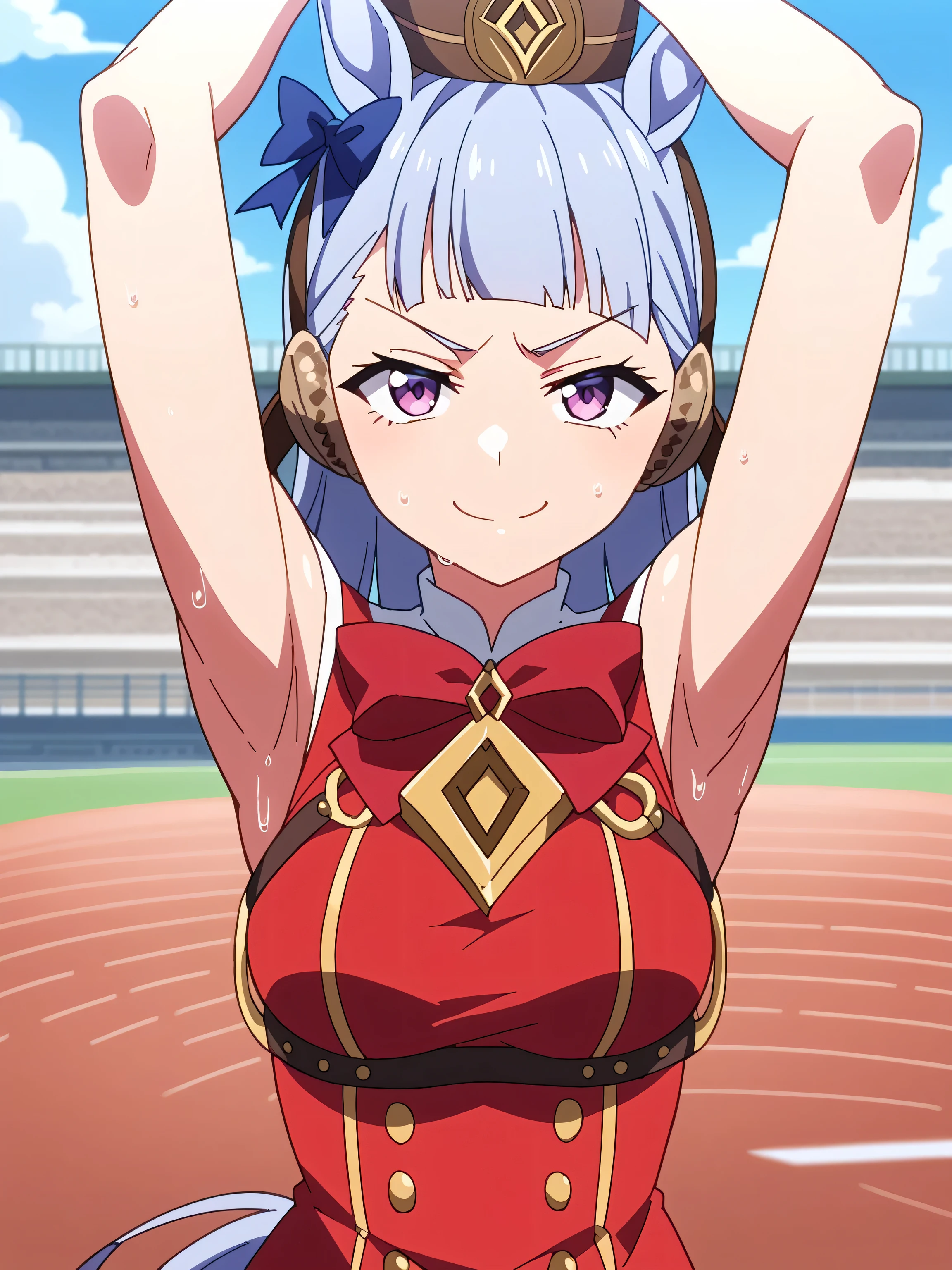 score_9, score_8_up, score_7_up, source_anime, anime screencap, 1girl, solo, umpdgoldship, horse tail, pillbox hat, red dress, bow, sleeveless, arms up, raised arms, armpits, from above, looking at viewer, head towards viewer, smile, closed mouth, badhandv4, outdoors, race track, sweaty, smug