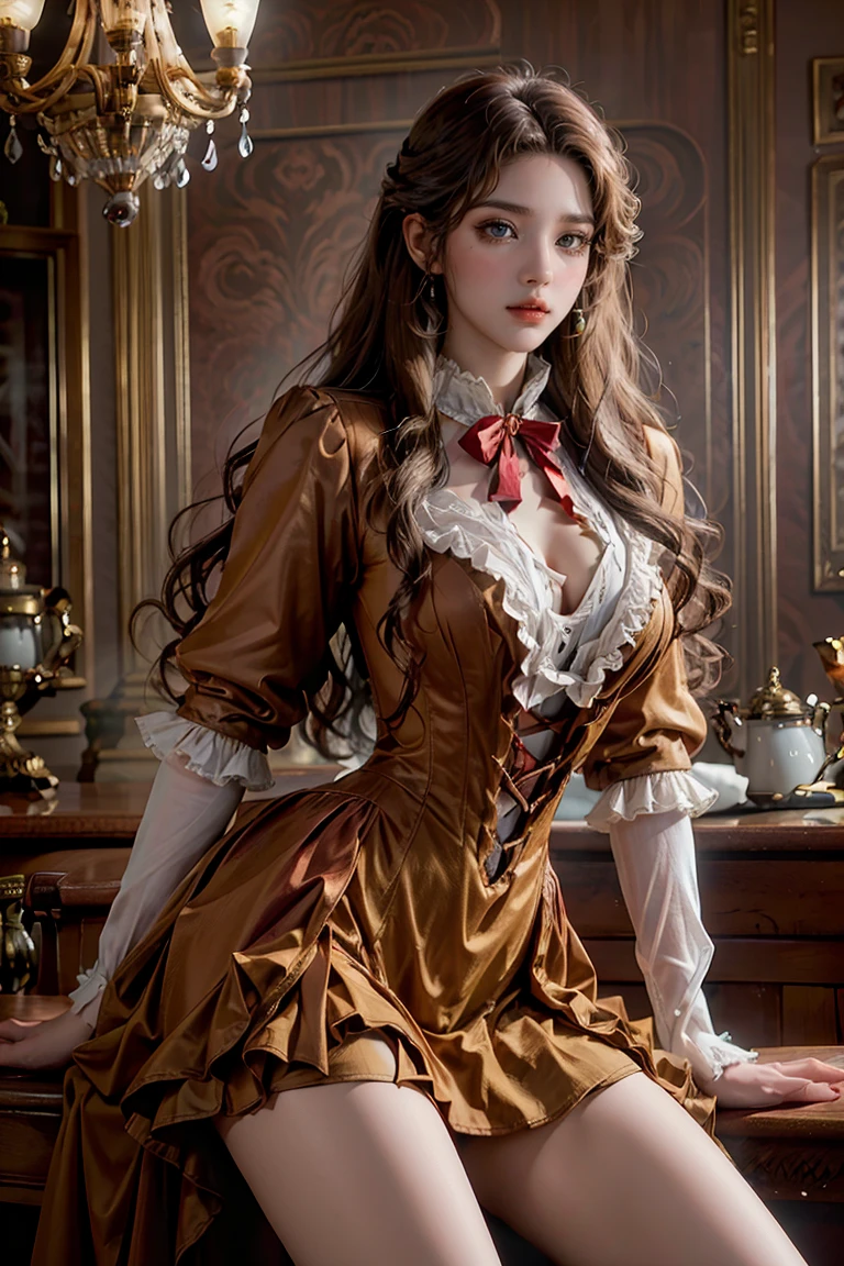 a woman with long wavy brown hair, almond-shaped light brown eyes, serious expression, victorian era dress, photorealistic, (best quality,8k,ultra-detailed,realistic,photo-realistic:1.37),intricate details,dramatic lighting,warm color tones,masterpiece, wine dress, dark red dress, red
