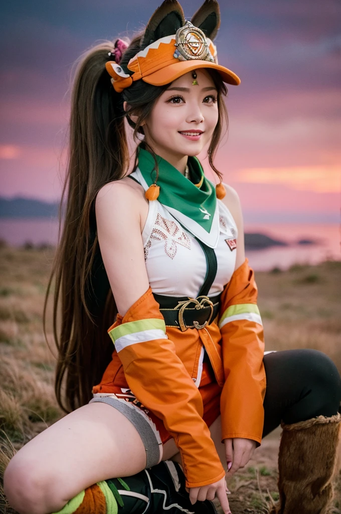 A young girl in realistic portrait of high quality and detail, 2000's movie style, Kachina (Genshin Impact), She is wearing an orange and white cap, dark brown with a dark green bandana around her neck and brown short shorts. On the bottom of her belt is an orange jacket, orange gloves for a miner with fur, as well as her high wear-resistant boots. Of the additional ones, these are yellow-and-white knee socks and a patch on the left leg. Her hairstyle consists of two pigtails on the sides of her head and a large high ponytail. In addition to the cap and tail, her head is complemented by high animal ears. no human ears. Tattoos on the rivers and leg that glow during the night spirit, and a small brown and white ponytail. happy smiling face, evening, red sky, pink clouds, looking at viewer, canyons on the background, (ultra-high detail:1.2), Masterpiece, Best Quality, Ultra-detailed, Cinematic lighting, 8K, delicate features, cinematic, 35 mm lens, f/1.9, highlight lighting, global lighting –uplight –v 4, cinematic, Cinematic lighting, 8K, high quality, Highest Quality, (Solo Focus), (extremly intricate:1.3), (Realistic), masterful, Analog style, (Film grain:1.5), (warm hue, cold tone)