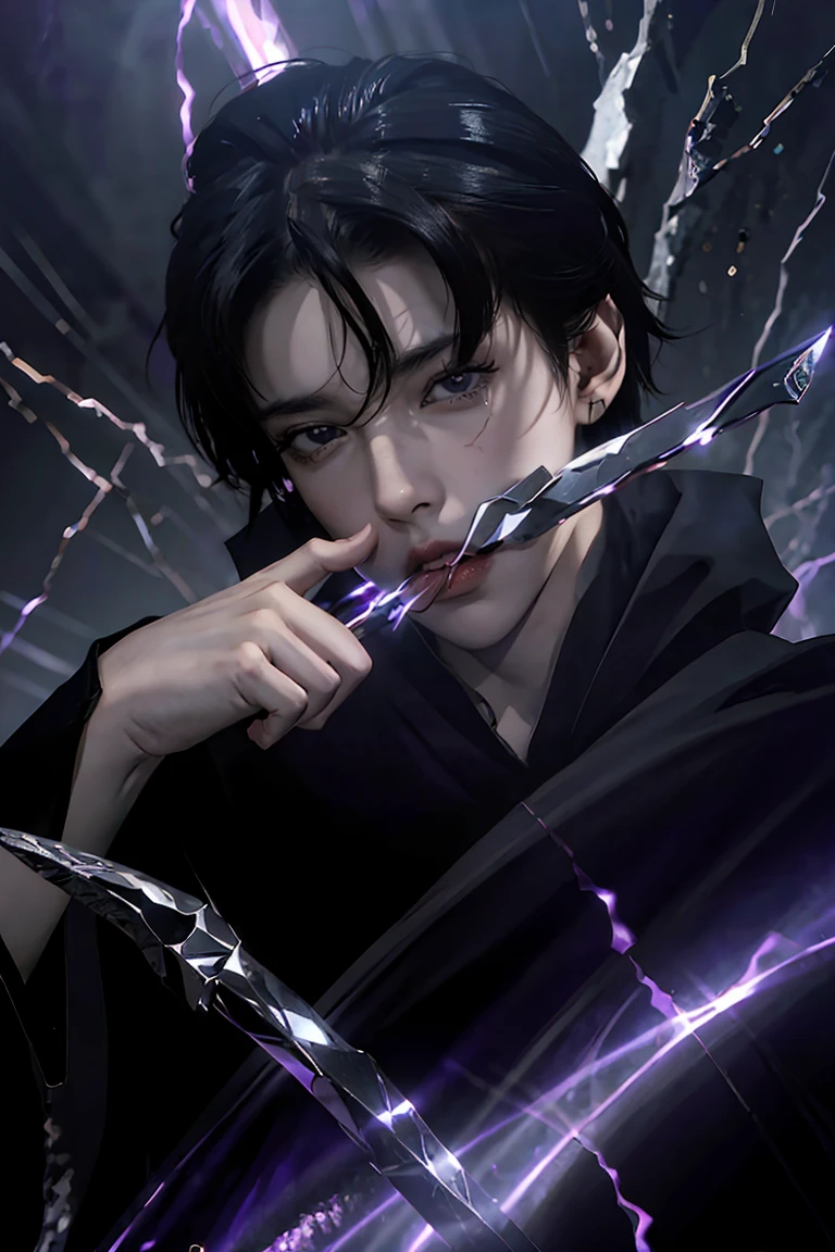 a dark-haired, dark-eyed warlock with pale skin, purple veins across his body, wearing a black robe with purple details, black fingertips, looking sideways with anger, dramatic lighting, cinematic angle, dark moody fantasy, highly detailed, intricate, complex, masterpiece, photorealistic, 8k, HDR, purple rays
