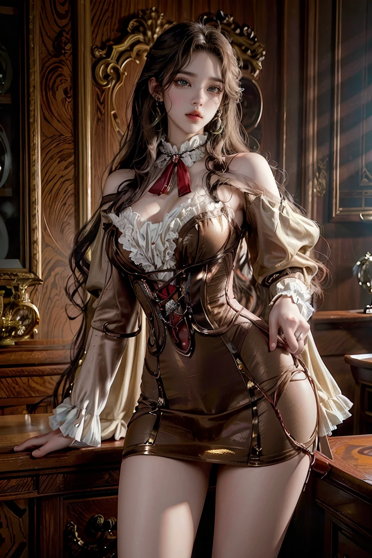 a woman with long wavy brown hair, almond-shaped light brown eyes, serious expression, victorian era dress, photorealistic, (best quality,8k,ultra-detailed,realistic,photo-realistic:1.37),intricate details,dramatic lighting,warm color tones,masterpiece, wine dress, dark red dress, red
