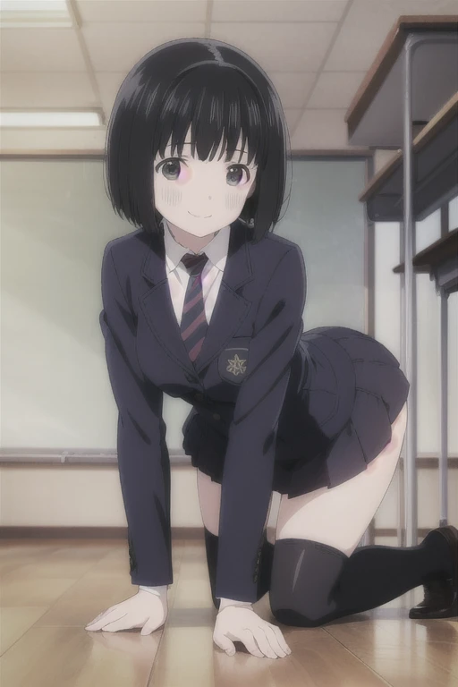 Alone,  1 girl,  Viewers, 2D, Anime, Anime coloring,  black hair、whole body, (classroom:1.3), Kogma, Navy blazer, tie,  miniskirt that snaps around the knee、 is on all fours,Backwards、look back、smile