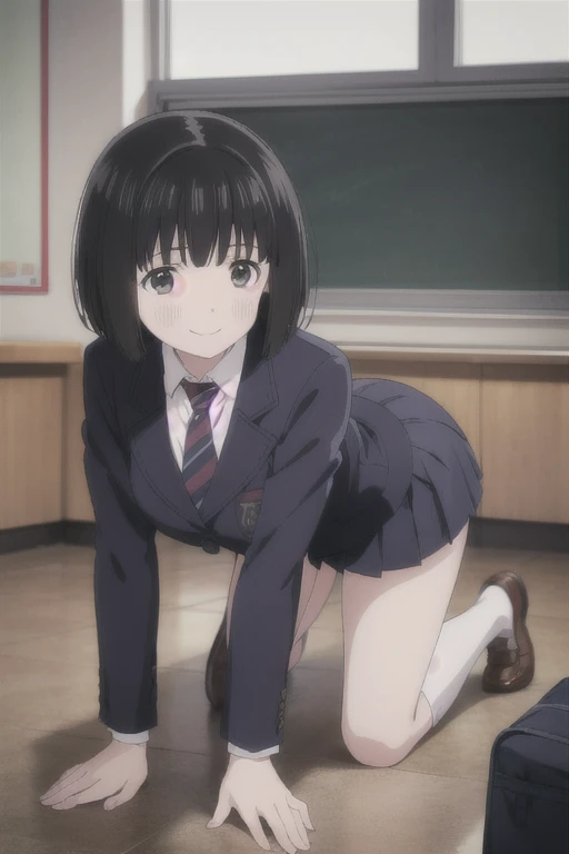 Alone,  1 girl,  Viewers, 2D, Anime, Anime coloring,  black hair、whole body, (classroom:1.3), Kogma, Navy blazer, tie,  miniskirt that snaps around the knee、 is on all fours,Backwards、look back、smile