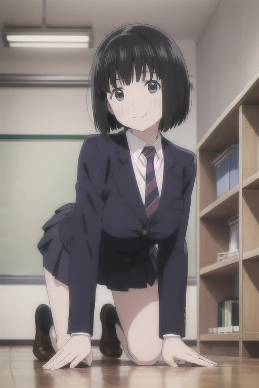 Alone,  1 girl,  Viewers, 2D, Anime, Anime coloring,  black hair、whole body, (classroom:1.3), Kogma, Navy blazer, tie,  miniskirt that snaps around the knee、 is on all fours,Backwards、look back、smile