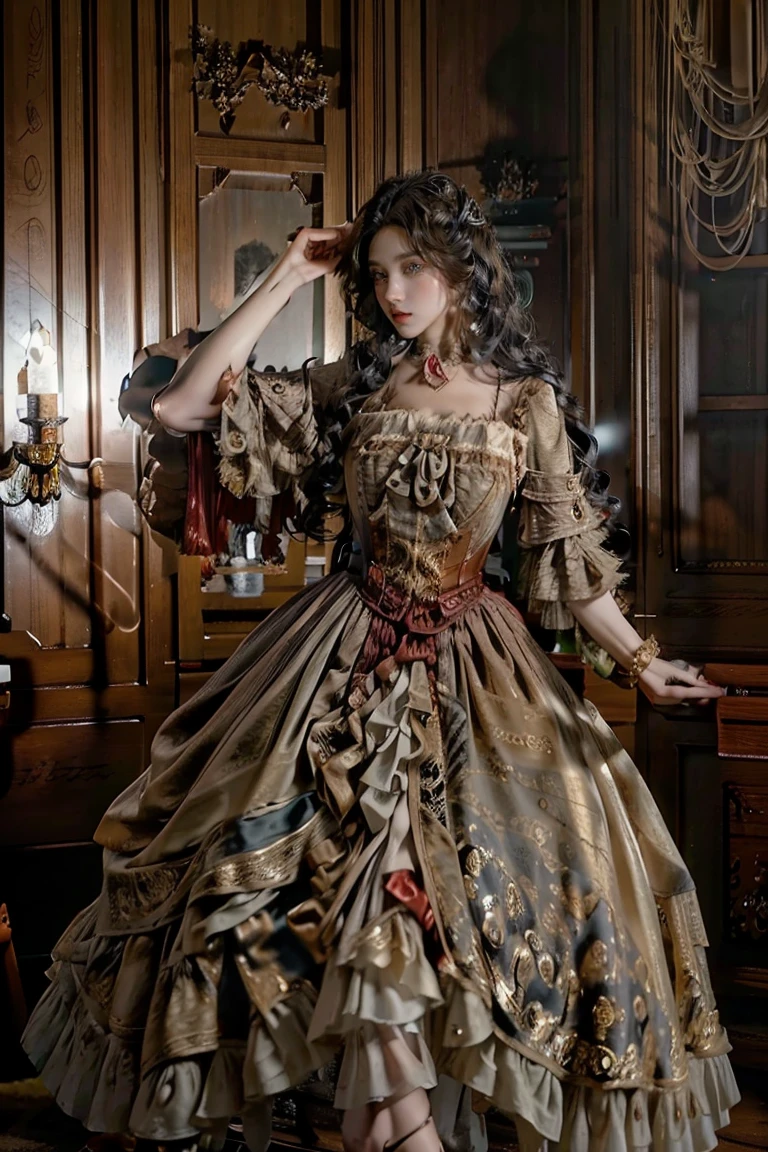 a woman with long wavy brown hair, almond-shaped light brown eyes, serious expression, victorian era dress, photorealistic, (best quality,8k,ultra-detailed,realistic,photo-realistic:1.37),intricate details,dramatic lighting,warm color tones,masterpiece, wine dress, dark red dress, red
