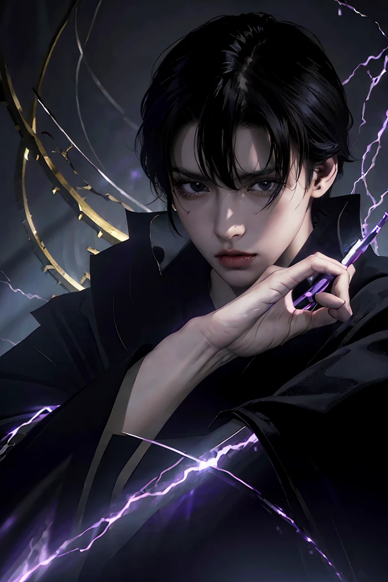 a dark-haired, dark-eyed warlock with pale skin, purple veins across his body, wearing a black robe with purple details, black fingertips, looking sideways with anger, dramatic lighting, cinematic angle, dark moody fantasy, highly detailed, intricate, complex, masterpiece, photorealistic, 8k, HDR, purple rays
