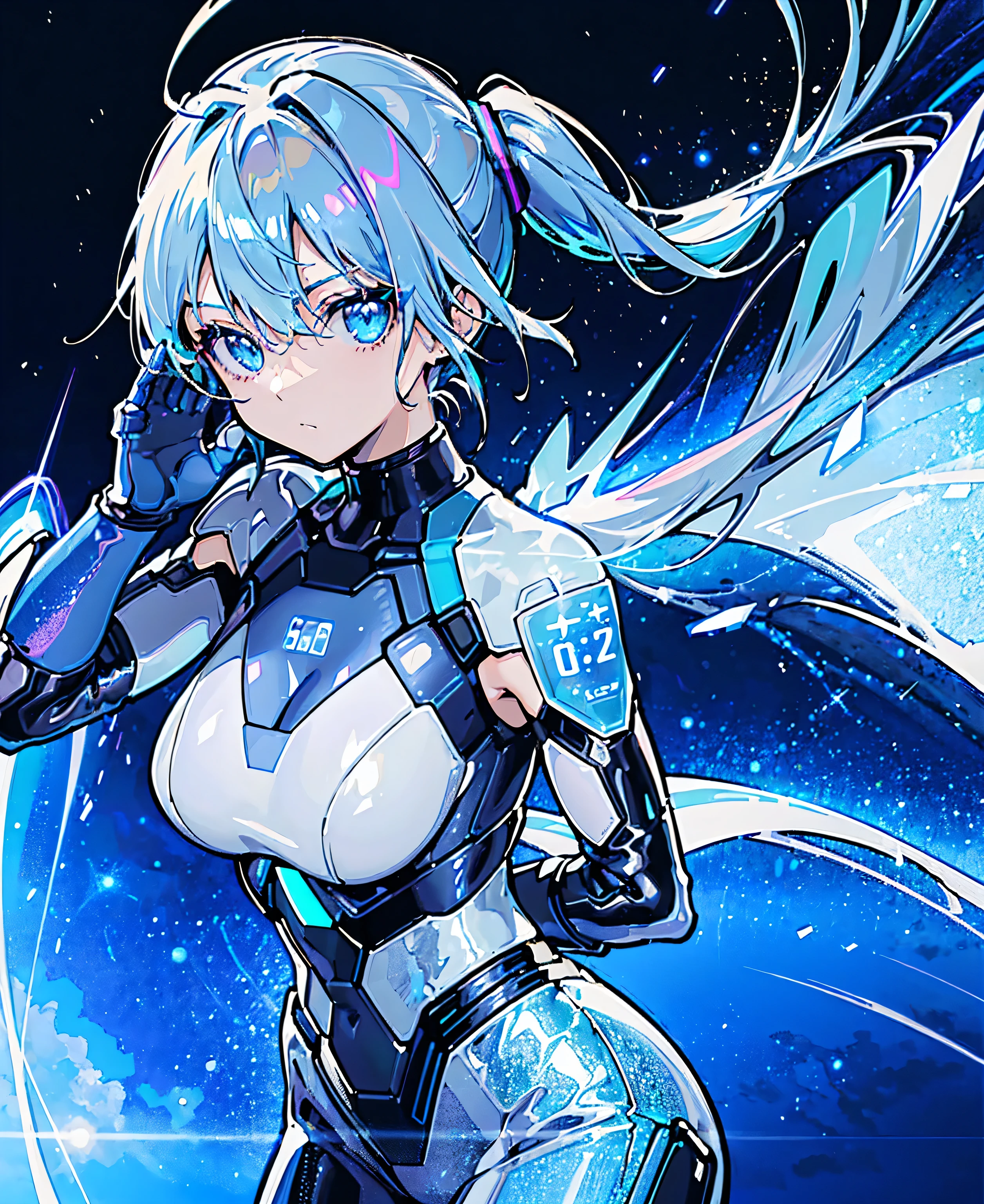 ((Holographic glow effect))、 blue hair 、Masterpiece、 Best Quality、1 person、Medium breast、(( album cover ))、 light on face、 slim body、 blue costume、Exoskeleton、Metal Gear、 cyberpunk style、 ponytails、Gundam Pilot、attention arousal，Ride a fighter jet 、 gloves up to the elbow ,Big Moon,Night Sky,Milky Way