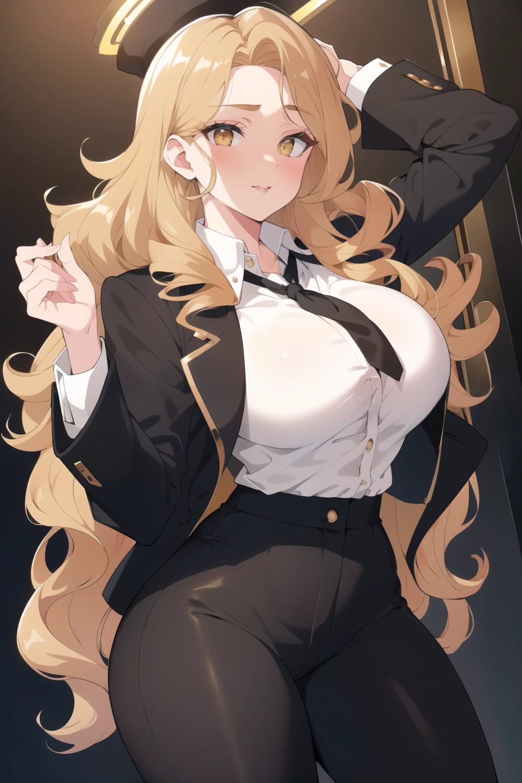 beautiful young woman, lithe physique, thick curly blonde hair, golden eyes, white shirt, black tie, black jacket, black pants, suit and tie, flat breasts, huge ass, thick thighs, highly detailed, 8k, photorealistic, dramatic lighting, cinematic, elegant, fashion portrait, milf, haughty, snobby, entitled, confident, arrogant, superiority