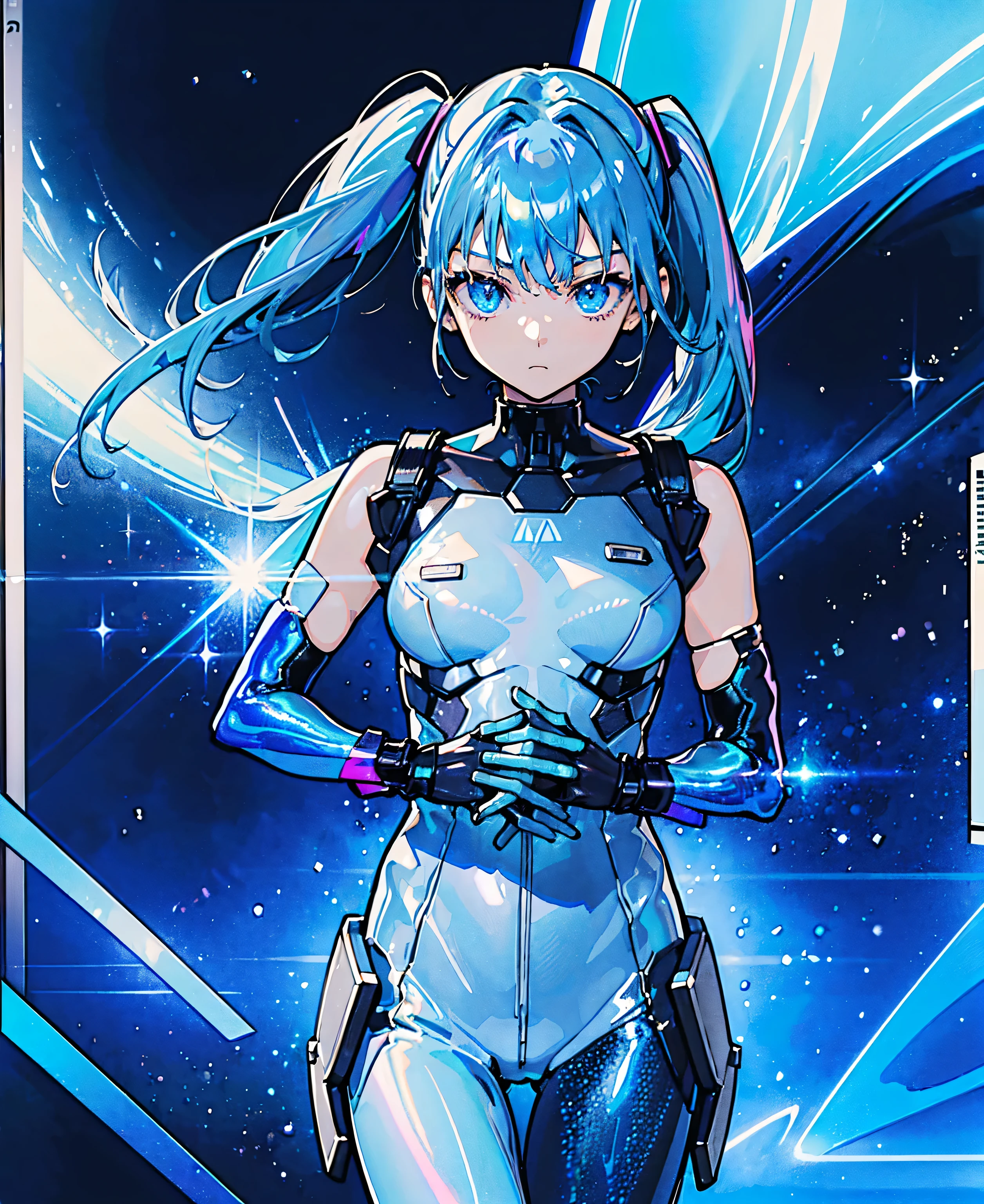 ((Holographic glow effect))、 blue hair 、Masterpiece、 Best Quality、1 person、Medium breast、(( album cover ))、 light on face、 slim body、 blue costume、Exoskeleton、Metal Gear、 cyberpunk style、 ponytails、Gundam Pilot、attention arousal，Ride a fighter jet 、 gloves up to the elbow ,Big Moon,Night Sky,Milky Way