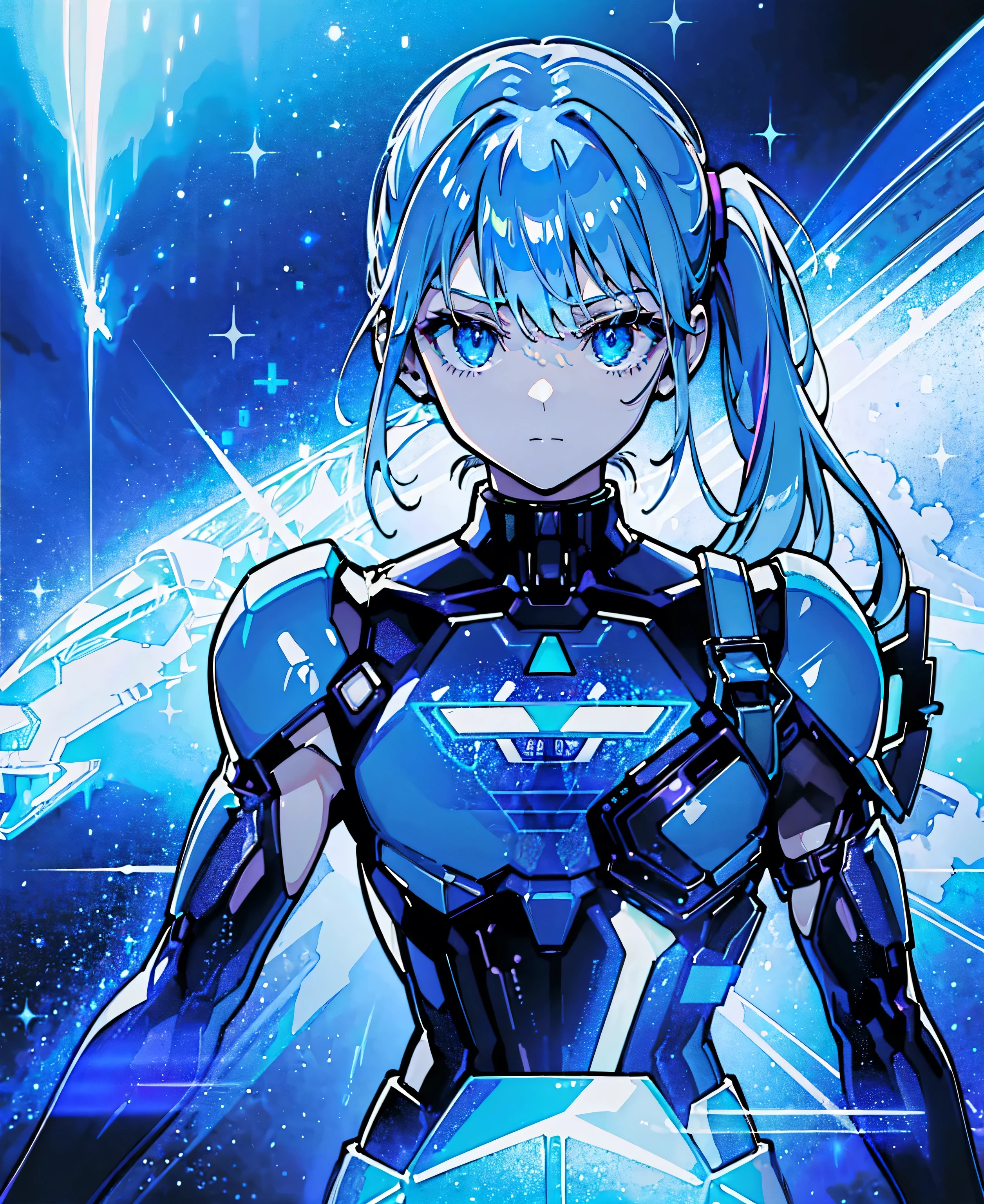 ((Holographic glow effect))、 blue hair 、Masterpiece、 Best Quality、1 person、Medium breast、(( album cover ))、 light on face、 slim body、 blue costume、Exoskeleton、Metal Gear、 cyberpunk style、 ponytails、Gundam Pilot、attention arousal，Ride a fighter jet 、 gloves up to the elbow ,Big Moon,Night Sky,Milky Way