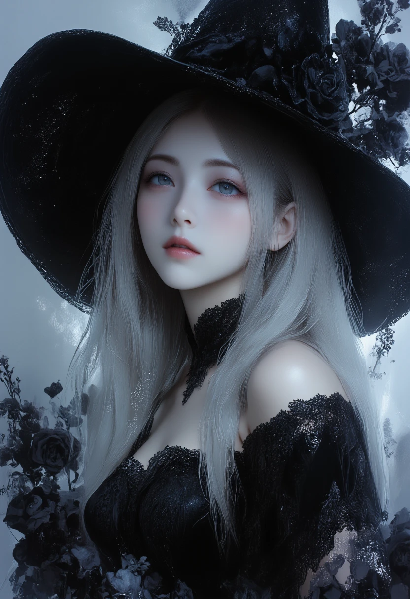 A photorealistic image of a young beautiful east-asian woman with long, flowing silver hair, wearing a large black witch's hat adorned with a dark rose. She is dressed in a black off-shoulder outfit with lace details, giving her an elegant and mysterious look. Surrounding her are dark flowers, adding to the ethereal and slightly gothic atmosphere. The lighting is soft, highlighting her pale complexion and silver hair, while the background fades into a delicate wash of abstract black and grey brushstrokes, enhancing the mystical and serene tone of the scene.