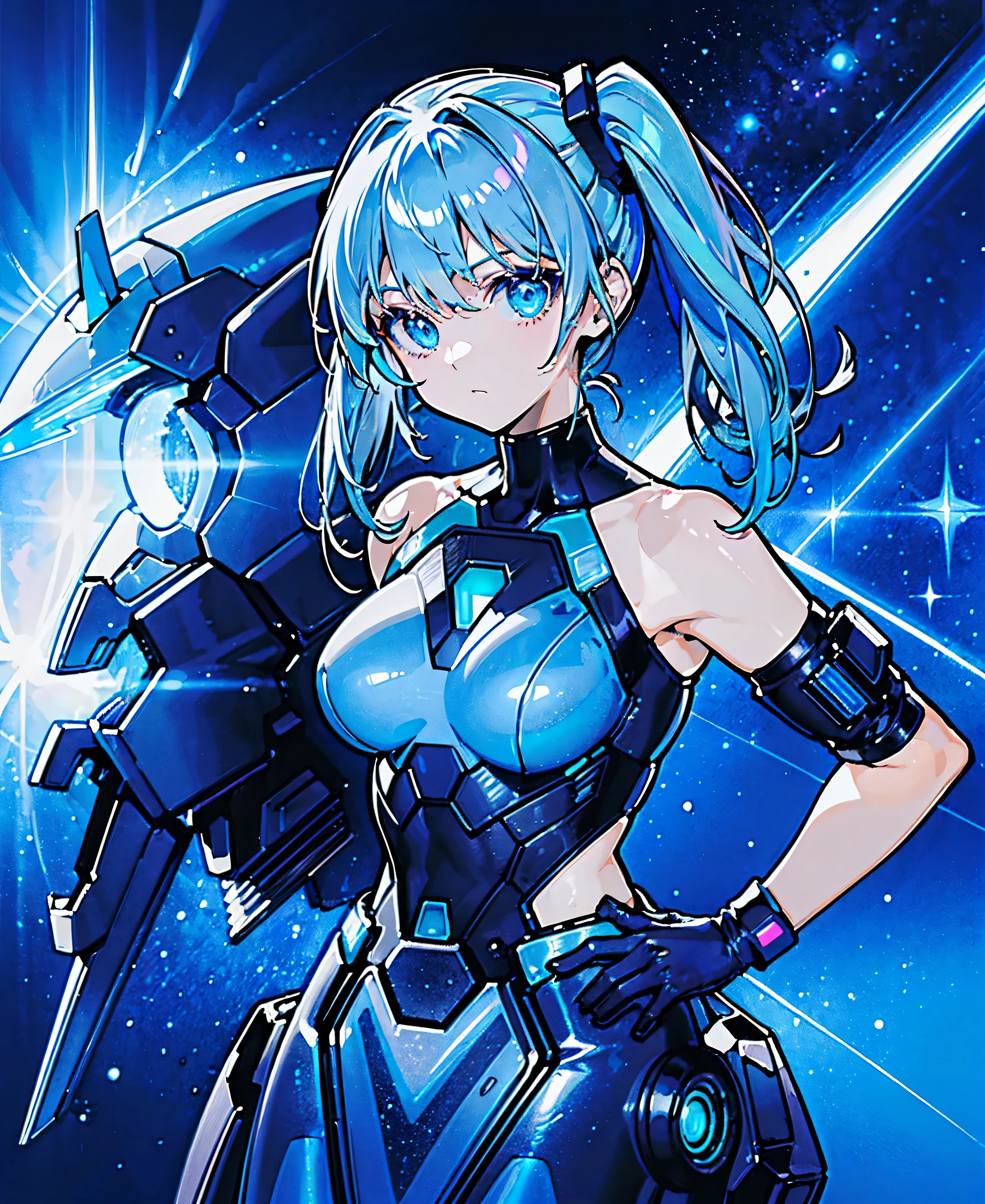 ((Holographic glow effect))、 blue hair 、Masterpiece、 Best Quality、1 person、Medium breast、(( album cover ))、 light on face、 slim body、 blue costume、Exoskeleton、Metal Gear、 cyberpunk style、 ponytails、Gundam Pilot、attention arousal，Ride a fighter jet 、 gloves up to the elbow ,Big Moon,Night Sky,Milky Way