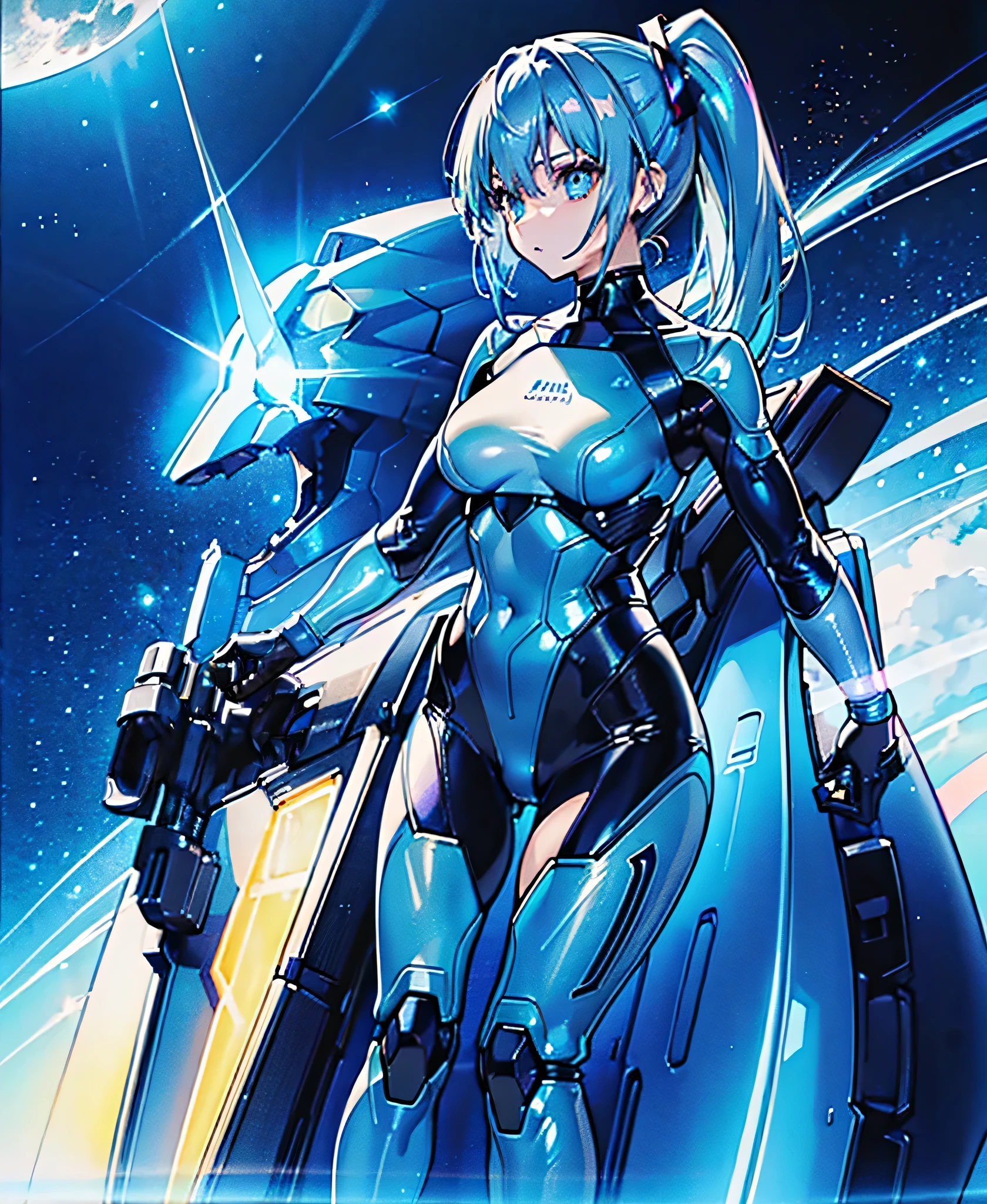 ((Holographic glow effect))、 blue hair 、Masterpiece、 Best Quality、1 person、Medium breast、(( album cover ))、 light on face、 slim body、 blue costume、Exoskeleton、Metal Gear、 cyberpunk style、 ponytails、Gundam Pilot、attention arousal，Ride a fighter jet 、 gloves up to the elbow ,Big Moon,Night Sky,Milky Way