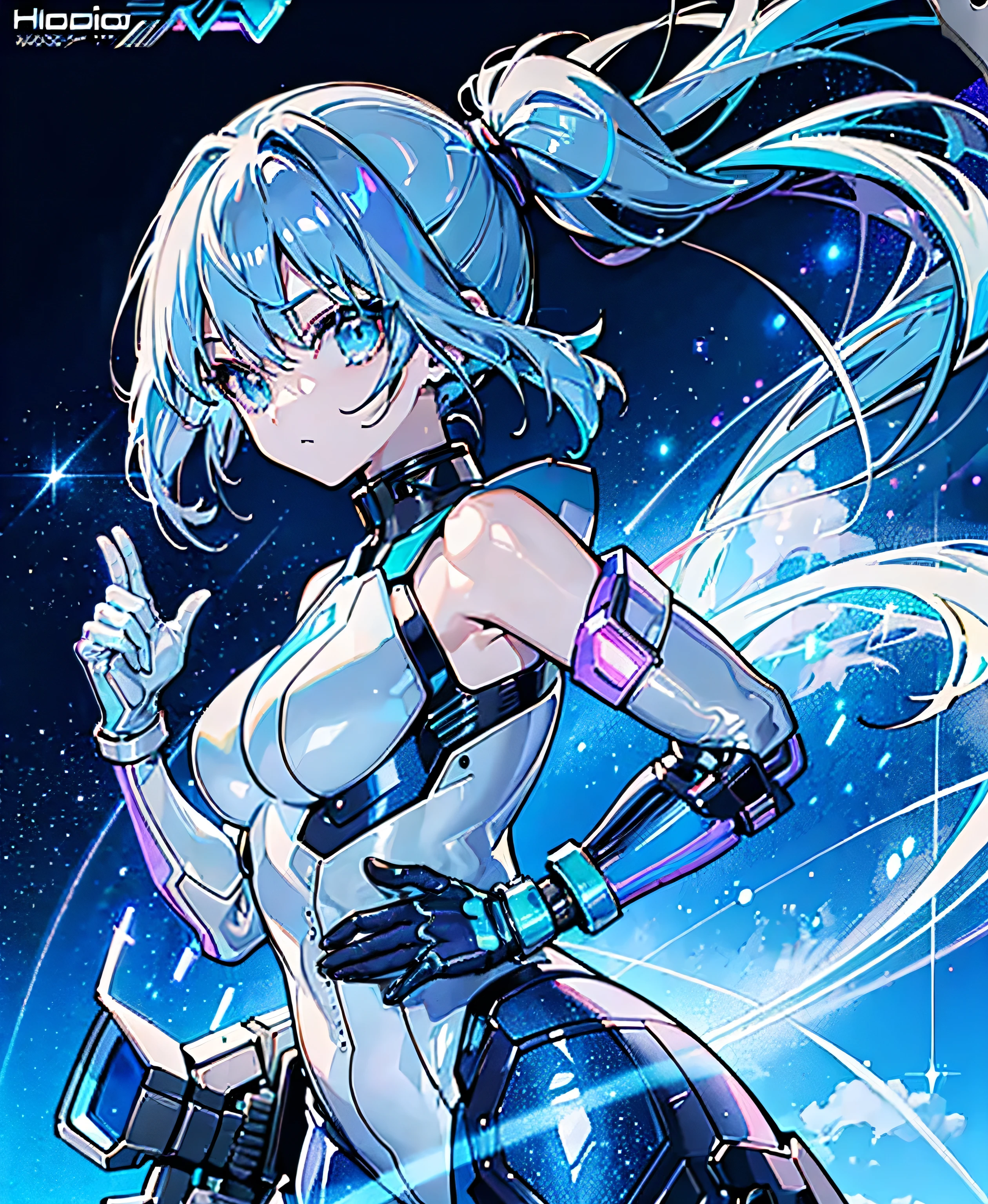 ((Holographic glow effect))、 blue hair 、Masterpiece、 Best Quality、1 person、Medium breast、(( album cover ))、 light on face、 slim body、 blue costume、Exoskeleton、Metal Gear、 cyberpunk style、 ponytails、Gundam Pilot、attention arousal，Ride a fighter jet 、 gloves up to the elbow ,Big Moon,Night Sky,Milky Way