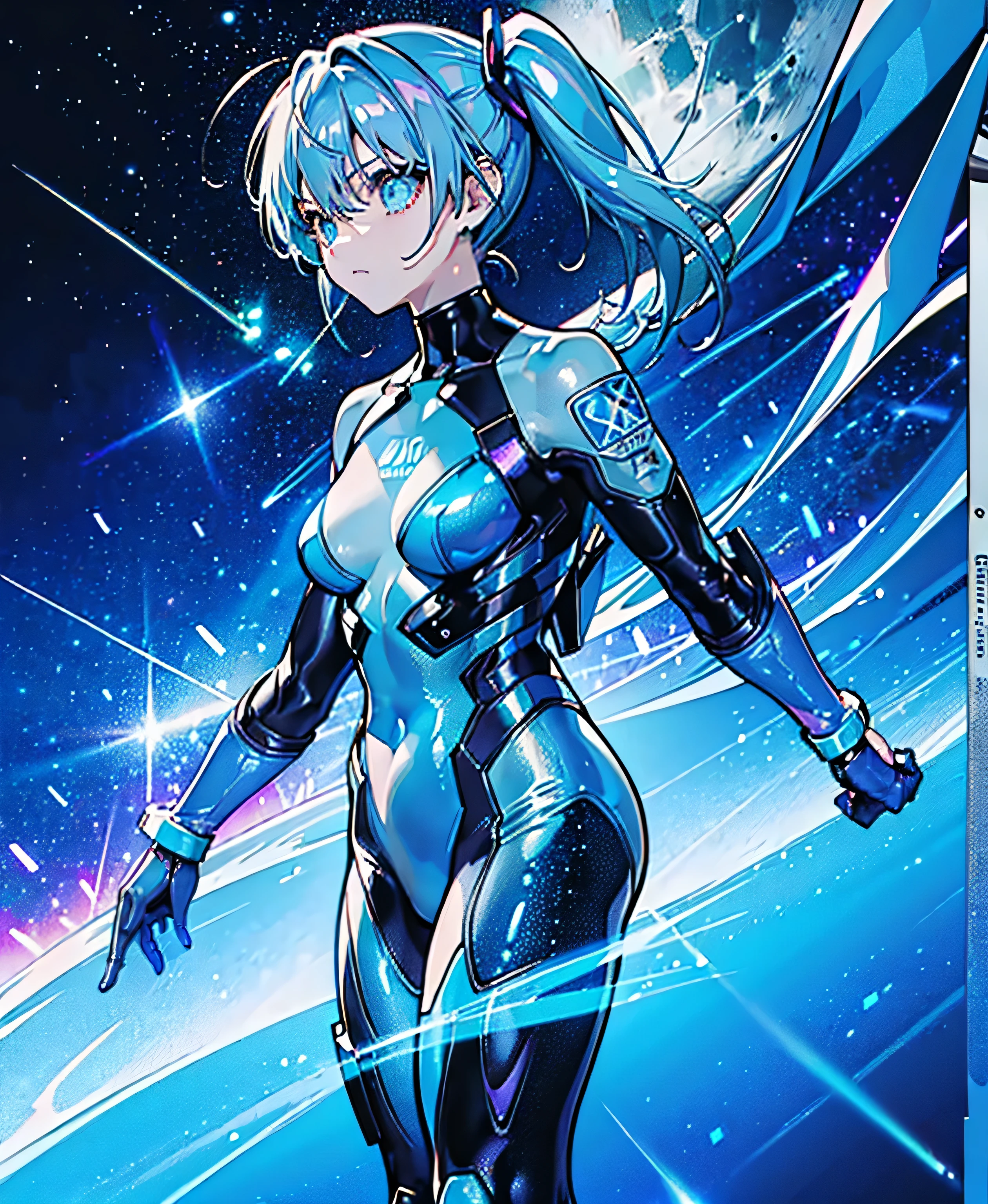 ((Holographic glow effect))、 blue hair 、Masterpiece、 Best Quality、1 person、Medium breast、(( album cover ))、 light on face、 slim body、 blue costume、Exoskeleton、Metal Gear、 cyberpunk style、 ponytails、Gundam Pilot、attention arousal，Ride a fighter jet 、 gloves up to the elbow ,Big Moon,Night Sky,Milky Way