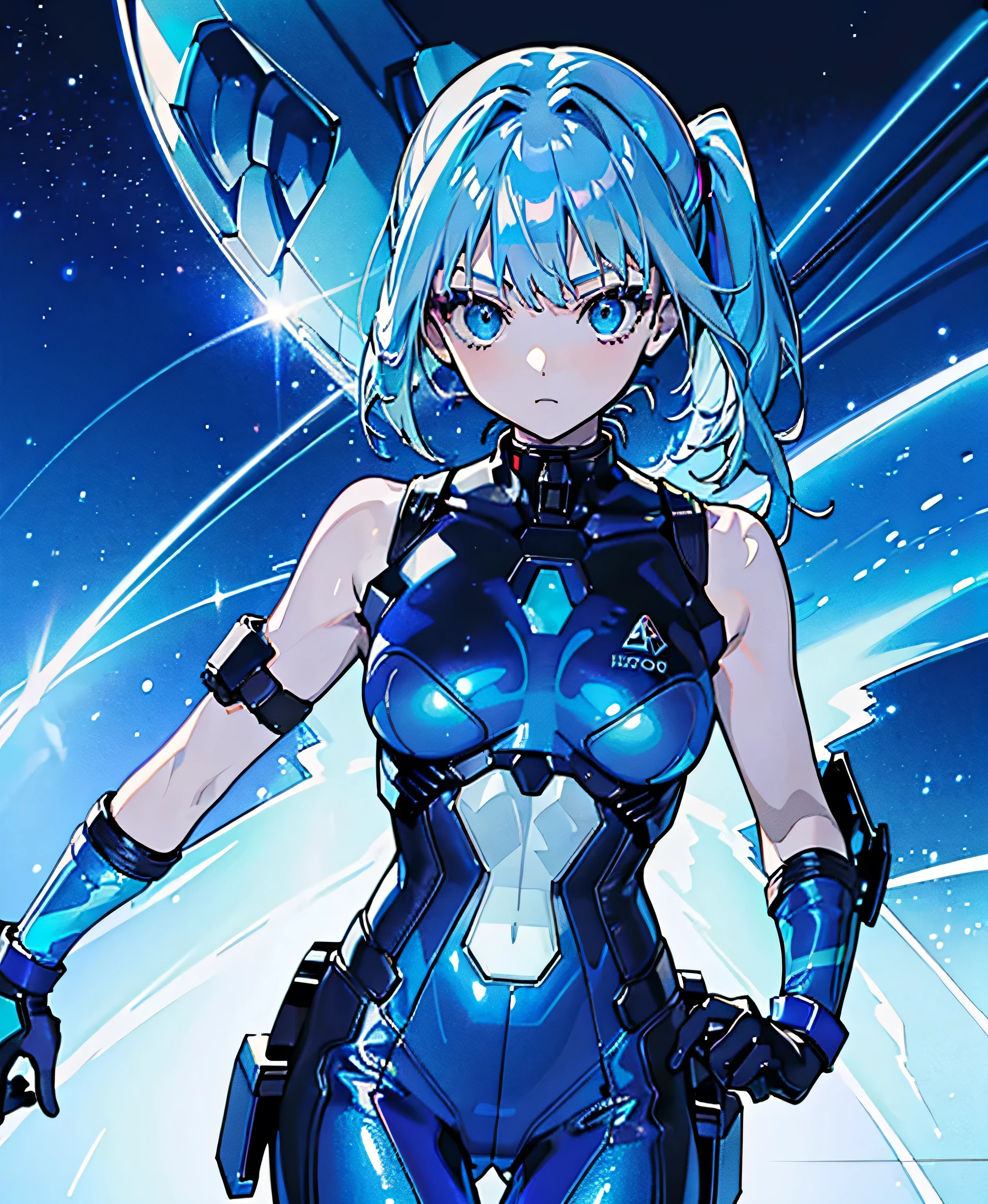 ((Holographic glow effect))、 blue hair 、Masterpiece、 Best Quality、1 person、Medium breast、(( album cover ))、 light on face、 slim body、 blue costume、Exoskeleton、Metal Gear、 cyberpunk style、 ponytails、Gundam Pilot、attention arousal，Ride a fighter jet 、 gloves up to the elbow ,Big Moon,Night Sky,Milky Way