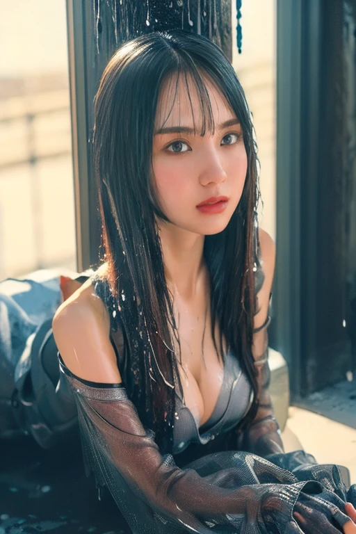Nikon RAW photos,8K quality,Fujifilm XT3,tmasterpiece,best qualtiy,realisticlying,ultra - detailed,1 girl,独奏,closeup portrait,huge breasts1.3,Rooftop outdoor pool,the setting sun,at dusk at golden hour,high level of water,Water flooded the chest,Black lace transparent bra,Place your hands behind your head,cabelos preto e longos,rich facial detail,Fine fine skin,tempting pose,cabelos preto e longos,hair straight