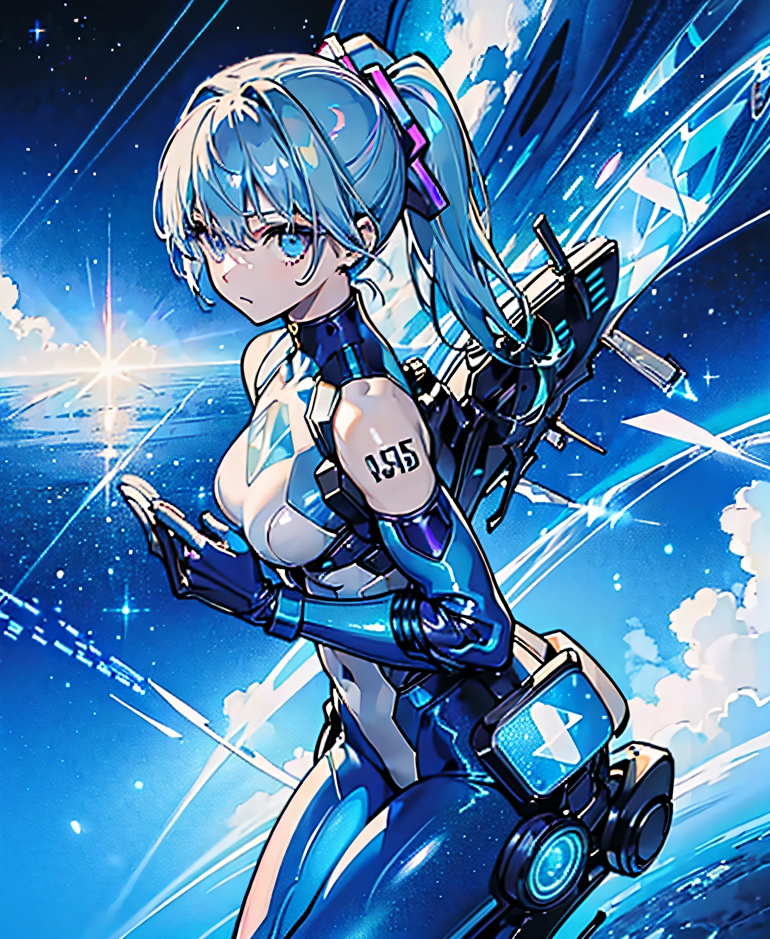 ((Holographic glow effect))、 blue hair 、Masterpiece、 Best Quality、1 person、Medium breast、(( album cover ))、 light on face、 slim body、 blue costume、Exoskeleton、Metal Gear、 cyberpunk style、 ponytails、Gundam Pilot、attention arousal，Ride a fighter jet 、 gloves up to the elbow ,Big Moon,Night Sky,Milky Way