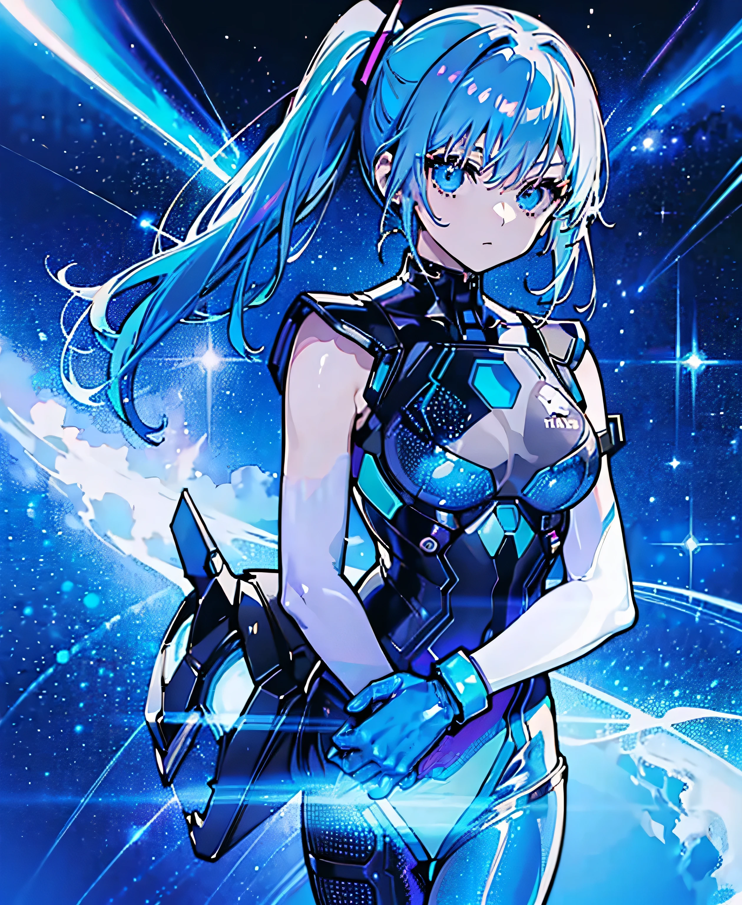 ((Holographic glow effect))、 blue hair 、Masterpiece、 Best Quality、1 person、Medium breast、(( album cover ))、 light on face、 slim body、 blue costume、Exoskeleton、Metal Gear、 cyberpunk style、 ponytails、Gundam Pilot、attention arousal，Ride a fighter jet 、 gloves up to the elbow ,Big Moon,Night Sky,Milky Way