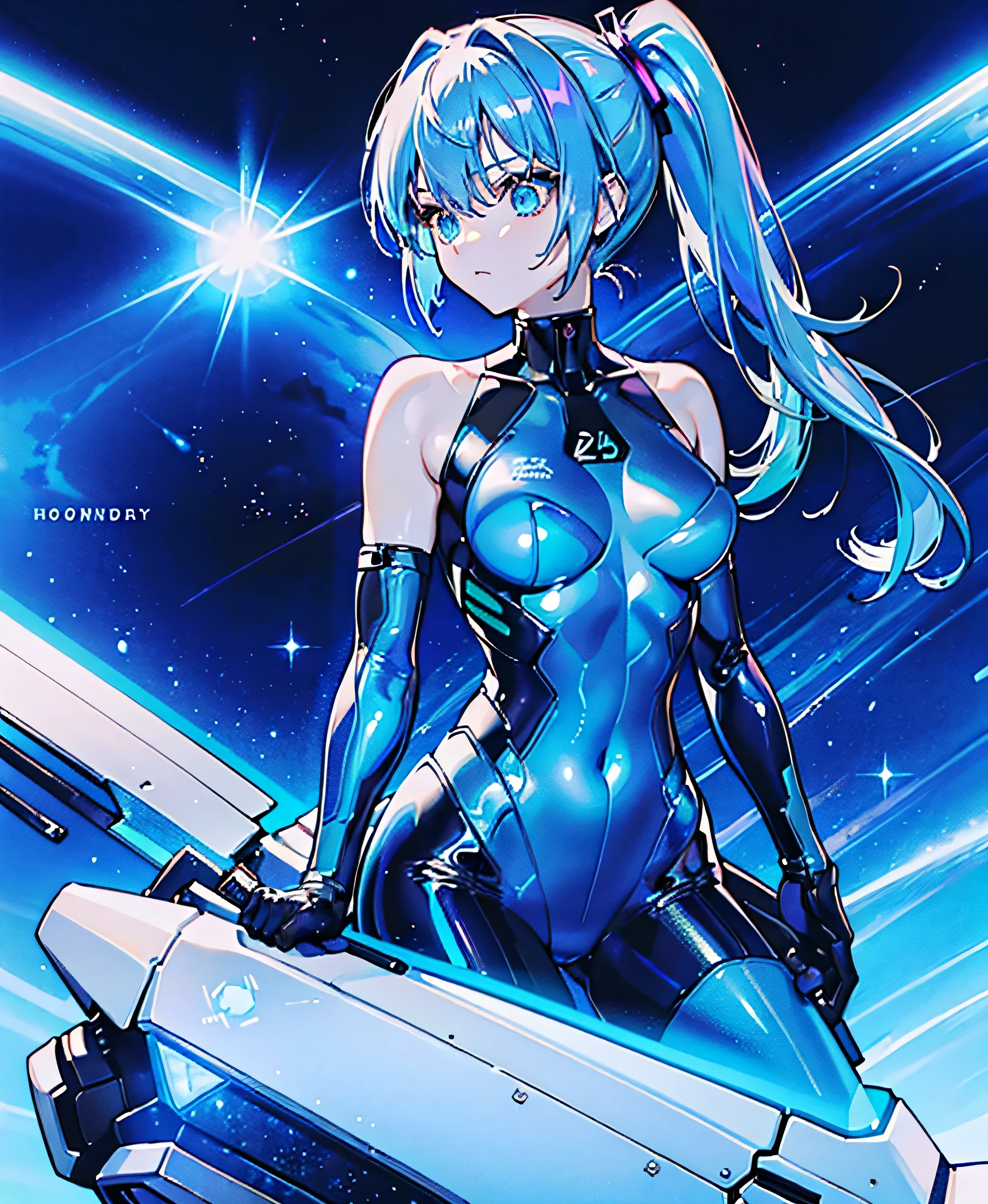 ((Holographic glow effect))、 blue hair 、Masterpiece、 Best Quality、1 person、Medium breast、(( album cover ))、 light on face、 slim body、 blue costume、Exoskeleton、Metal Gear、 cyberpunk style、 ponytails、Gundam Pilot、attention arousal，Ride a fighter jet 、 gloves up to the elbow ,Big Moon,Night Sky,Milky Way