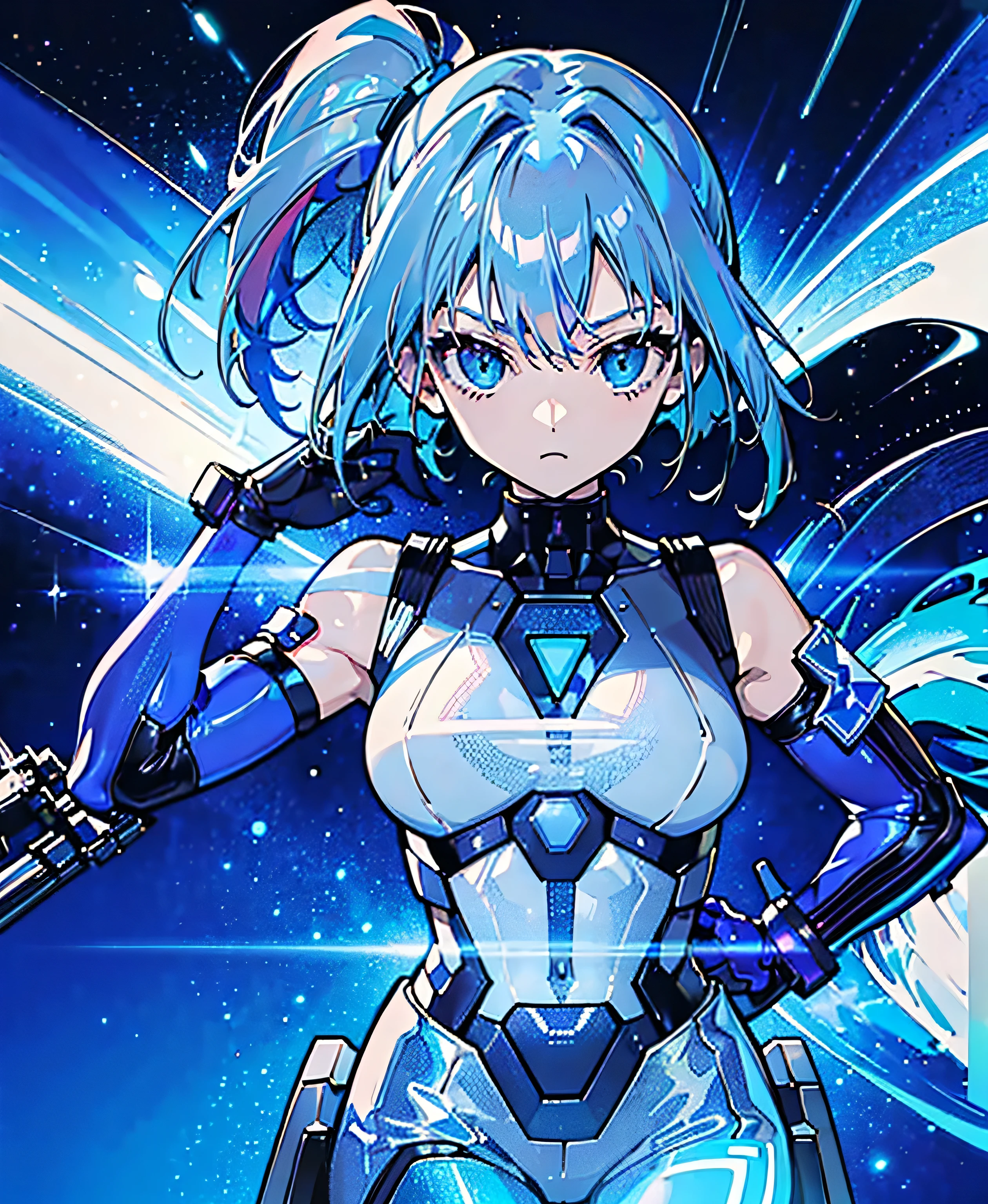 ((Holographic glow effect))、 blue hair 、Masterpiece、 Best Quality、1 person、Medium breast、(( album cover ))、 light on face、 slim body、 blue costume、Exoskeleton、Metal Gear、 cyberpunk style、 ponytails、Gundam Pilot、attention arousal，Ride a fighter jet 、 gloves up to the elbow ,Big Moon,Night Sky,Milky Way