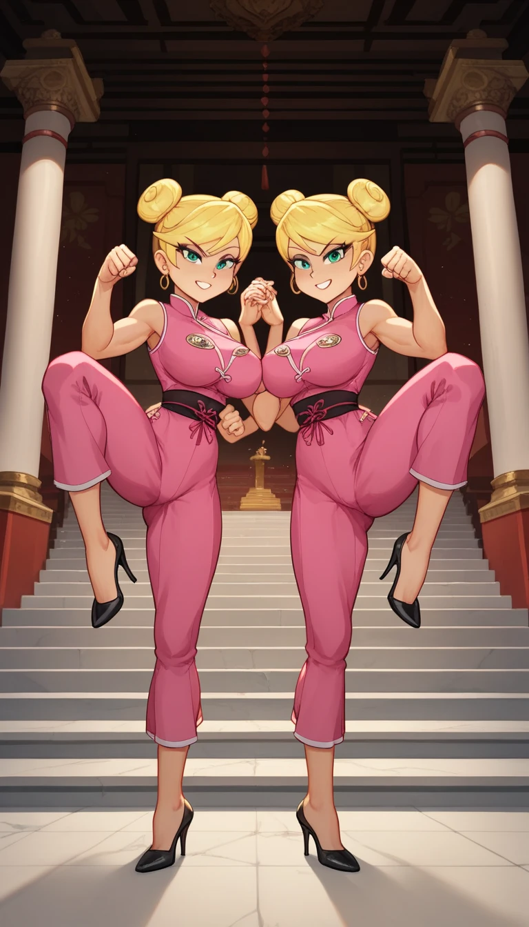 lola loud, 2girls, duo, 24yo girl, large breasts, pink cheongsam, inside of a chinese temple, looking at viewer, blonde hair, two hair buns , hands score_9, score_8_up, score_7_up, high heels, teep fighting stance,martial arts, stairs behind her, guarding the stairs, they wear the same outfit, they are twins