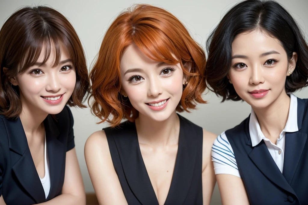 three sexy women in teacher outfits, looking at camera, cute smiles, happy opened mouths, goth eye makeup, close up faces portrait, short curly orange hair, view from below