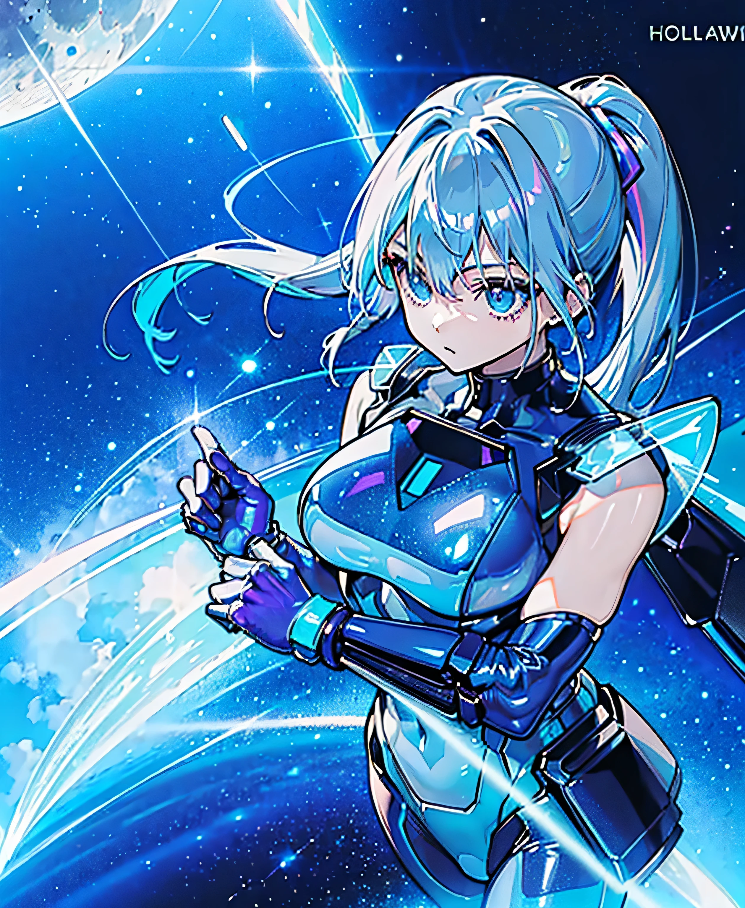 ((Holographic glow effect))、 blue hair 、Masterpiece、 Best Quality、1 person、Medium breast、(( album cover ))、 light on face、 slim body、 blue costume、Exoskeleton、Metal Gear、 cyberpunk style、 ponytails、Gundam Pilot、attention arousal，Ride a fighter jet 、 gloves up to the elbow ,Big Moon,Night Sky,Milky Way