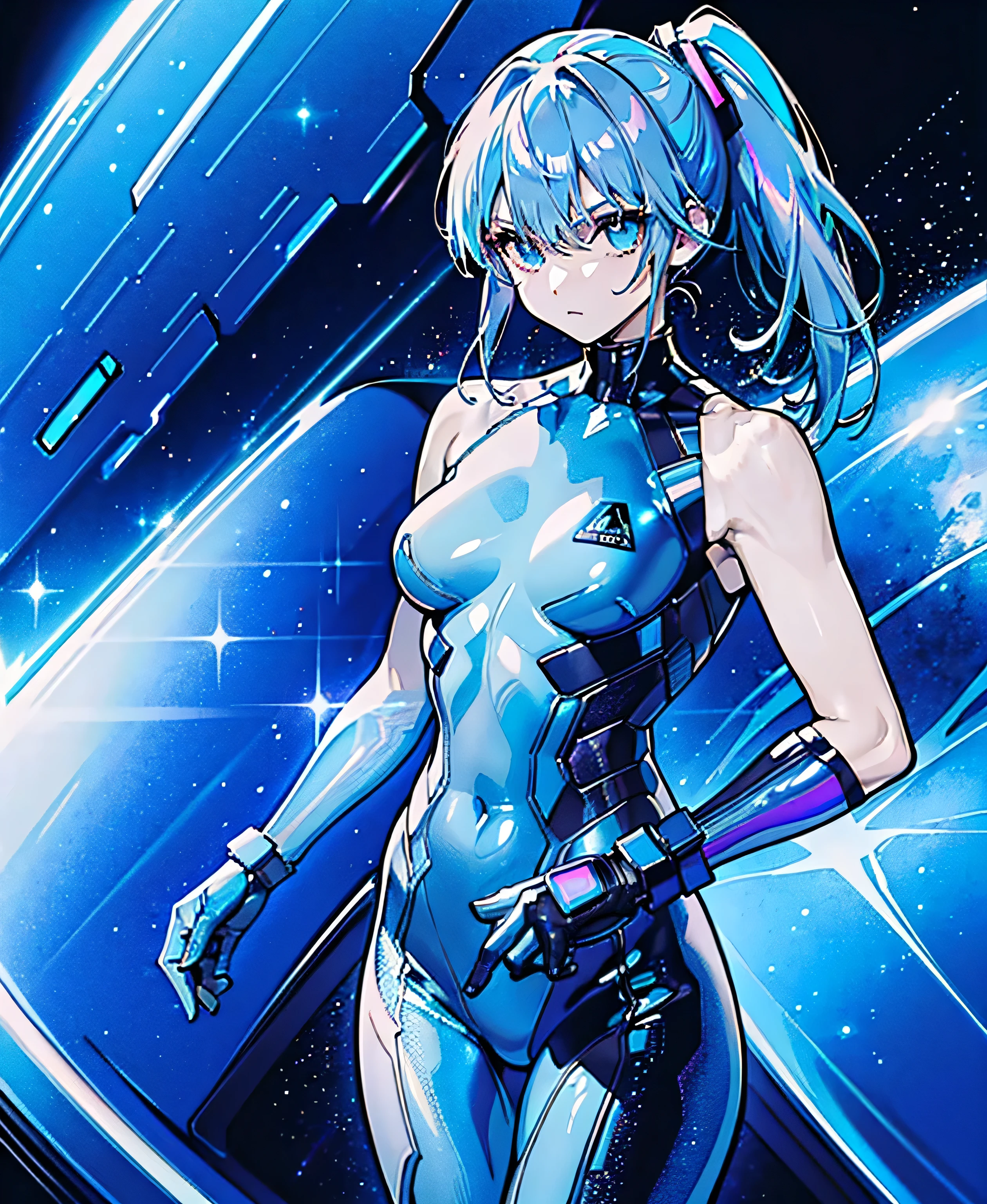 ((Holographic glow effect))、 blue hair 、Masterpiece、 Best Quality、1 person、Medium breast、(( album cover ))、 light on face、 slim body、 blue costume、Exoskeleton、Metal Gear、 cyberpunk style、 ponytails、Gundam Pilot、attention arousal，Ride a fighter jet 、 gloves up to the elbow ,Big Moon,Night Sky,Milky Way