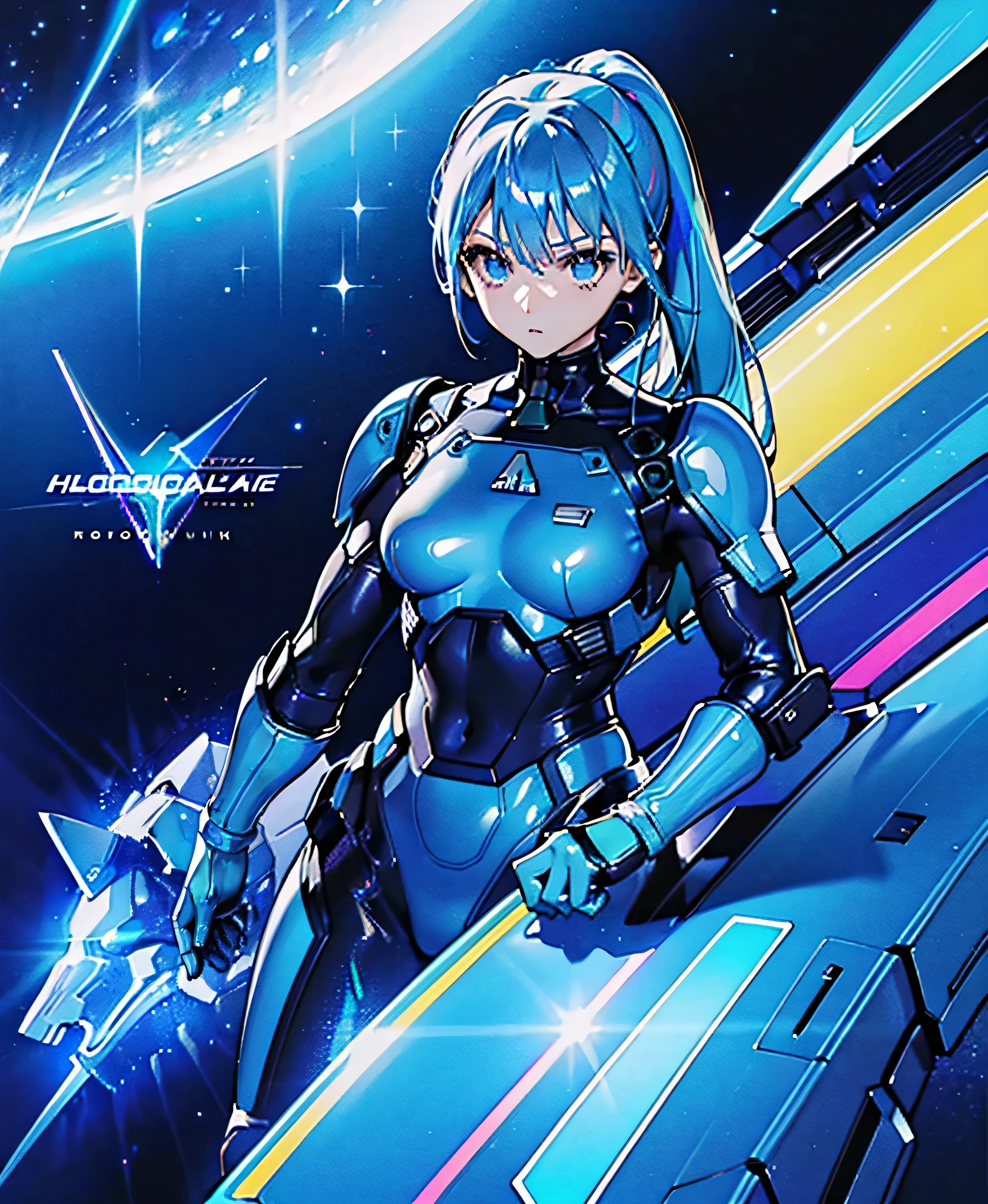 ((Holographic glow effect))、 blue hair 、Masterpiece、 Best Quality、1 person、Medium breast、(( album cover ))、 light on face、 slim body、 blue costume、Exoskeleton、Metal Gear、 cyberpunk style、 ponytails、Gundam Pilot、attention arousal，Ride a fighter jet 、 gloves up to the elbow ,Big Moon,Night Sky,Milky Way