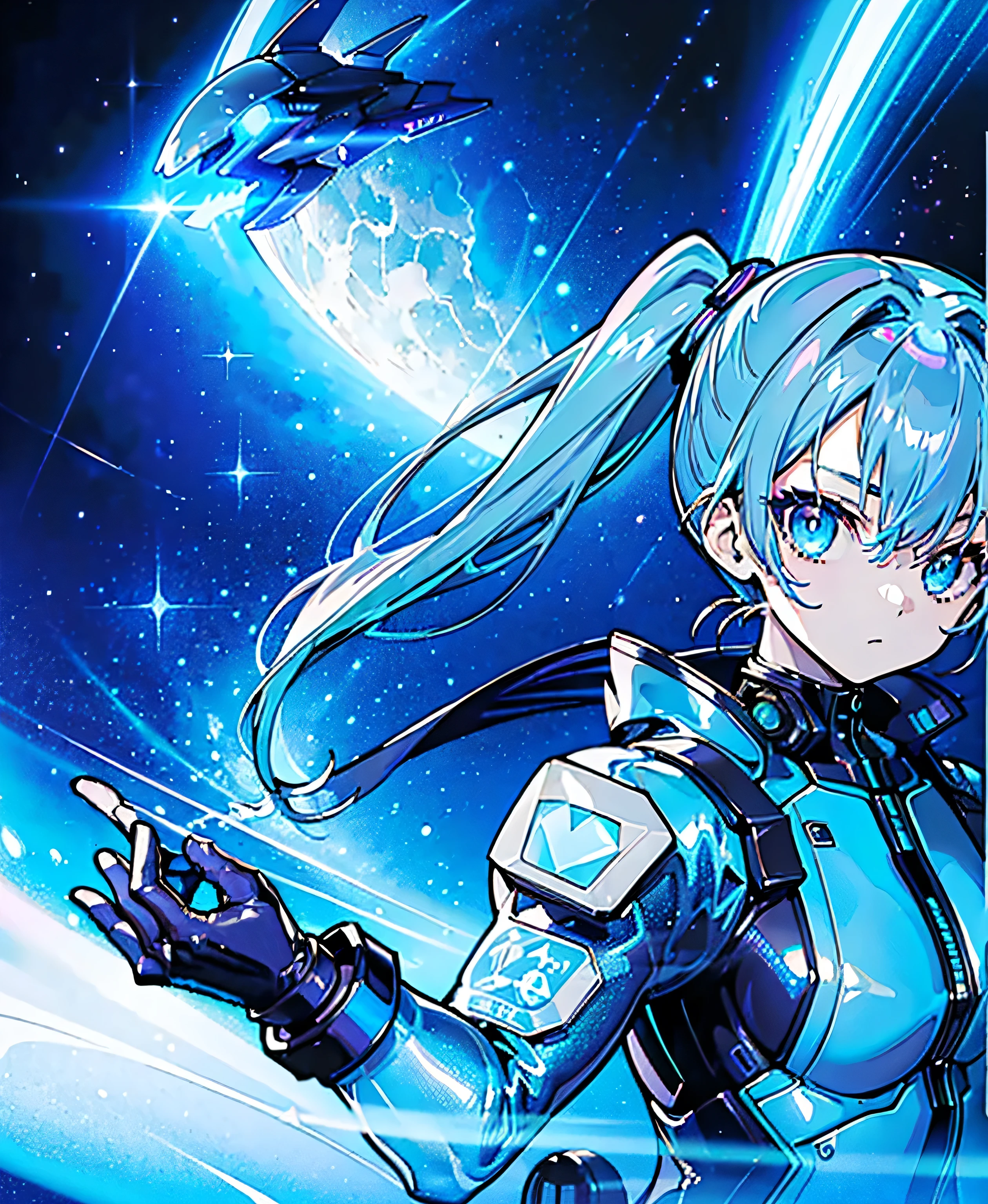 ((Holographic glow effect))、 blue hair 、Masterpiece、 Best Quality、1 person、Medium breast、(( album cover ))、 light on face、 slim body、 blue costume、Exoskeleton、Metal Gear、 cyberpunk style、 ponytails、Gundam Pilot、attention arousal，Ride a fighter jet 、 gloves up to the elbow ,Big Moon,Night Sky,Milky Way