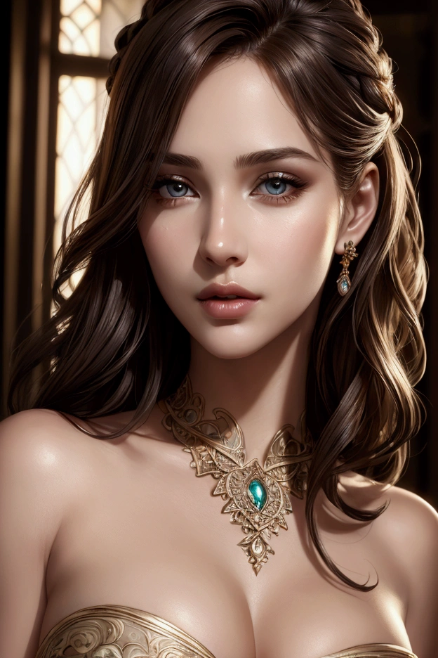 intricate detailed portrait of a beautiful young woman, photorealistic, realistic skin texture, detailed facial features, beautiful eyes, lush lips, elegant hairstyle, high quality lighting, warm color tones, cinematic composition, digital art, concept art, photographic, award winning, 8k, ultra detailed