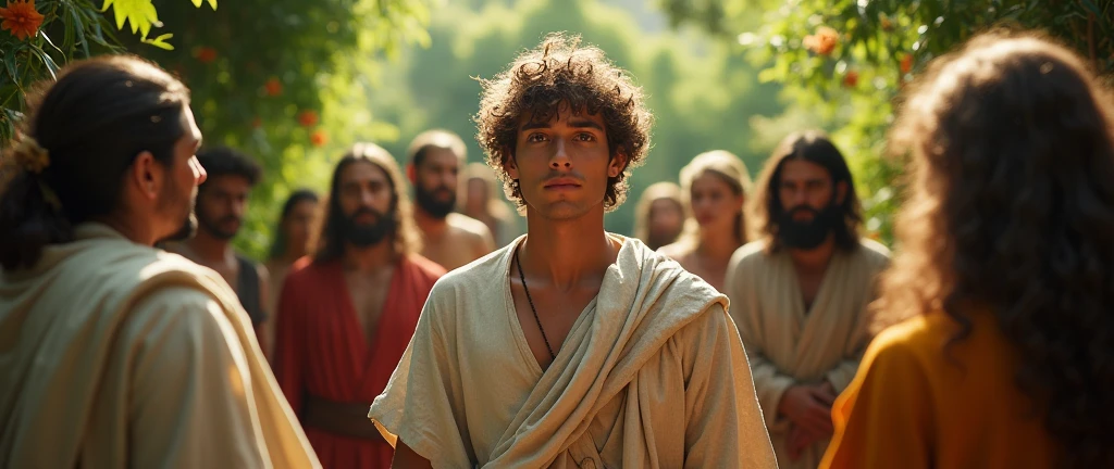 Descreva uma imagem de Jesus Christ walking in the enchanting garden of Eden with Adam. Adam is in his 20s, short curl light brown 7" hair, green eyes. Jesus is in his mid 30s, light blue eyes, wavy 14" dark brown hair, very handsome, emanating a divine aura and looking directly into the camera with a penetrating and compassionate gaze. The scene around him radiates a sense of serenity and transcendence, com cores suaves e uma atmosfera celestial. Highlight the details of the expression on your face, the sparkle in your eyes and the sense of peace and grace that your presence radiates in this sacred moment, 32K UHD, Style Raw, Afternoon sun, warm tone, cinematic
